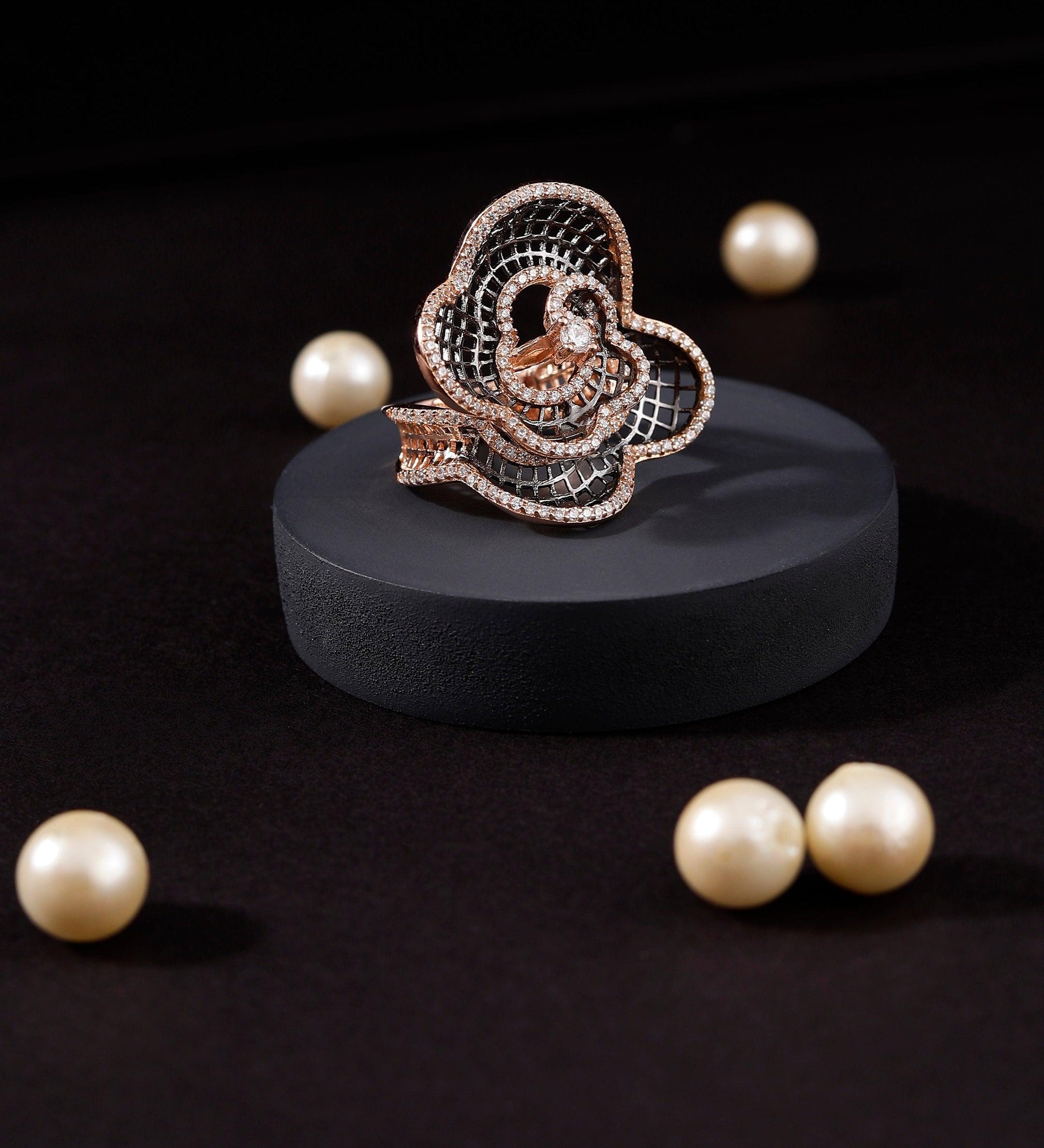 Rosé Fleur in Midnight Silver Ring - Diavo Jewels
