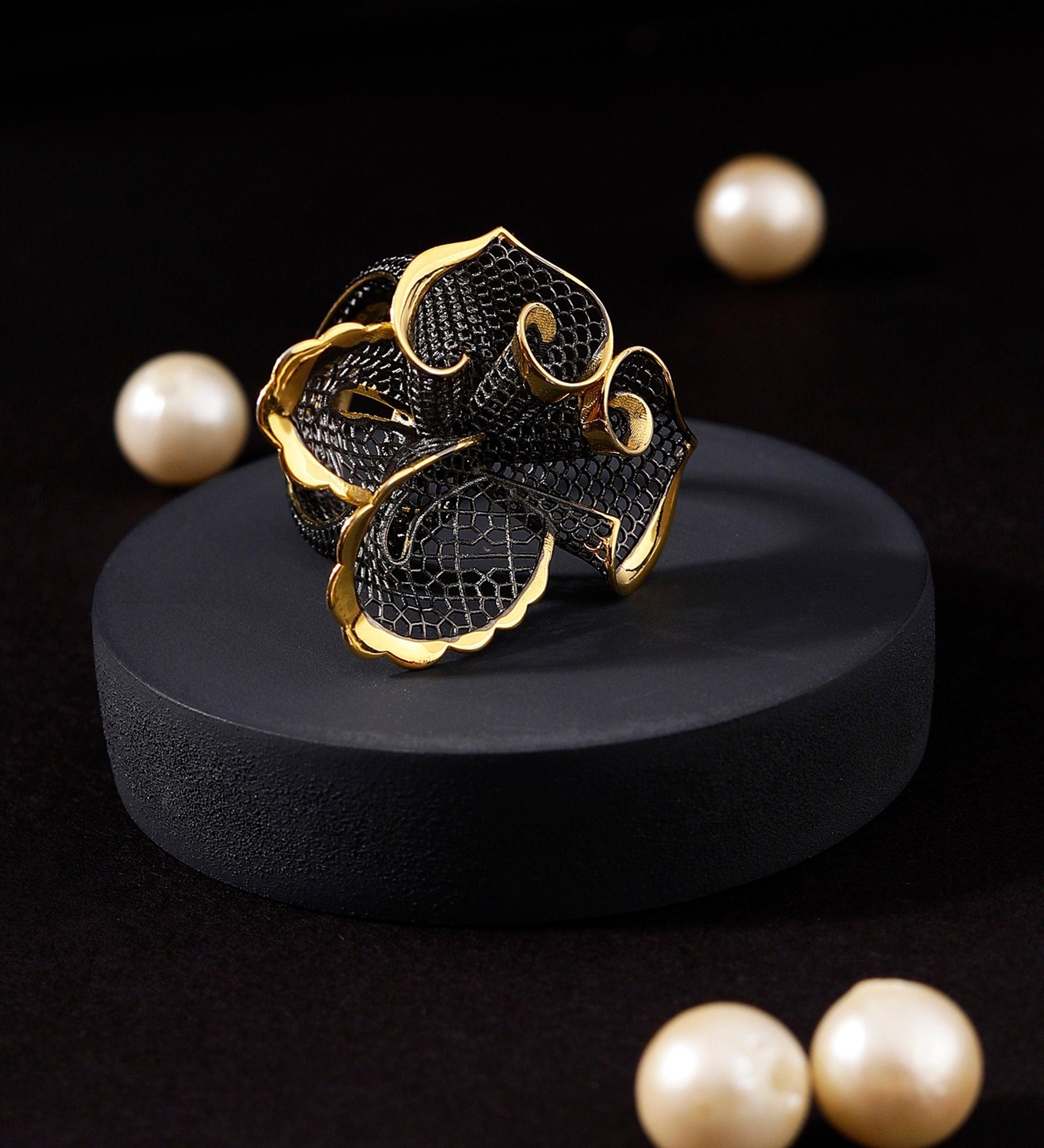 Blossom in the Midnight Silver Ring
