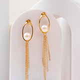 Oval Tassel 925 Silver Earrings with Freshwater Pearl - Diavo Jewels