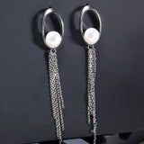 Oval Tassel 925 Silver Earrings with Freshwater Pearl - Diavo Jewels
