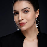925 Silver Round Hoop Earrings with Drop-Down Pearl