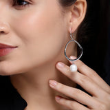 925 Silver Round Hoop Earrings with Drop-Down Pearl