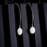 Silver Streamline Long 925 Silver Earrings with Flowing Freshwater Pearl - Diavo Jewels