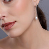 Silver Streamline Long 925 Silver Earrings with Flowing Freshwater Pearl - Diavo Jewels