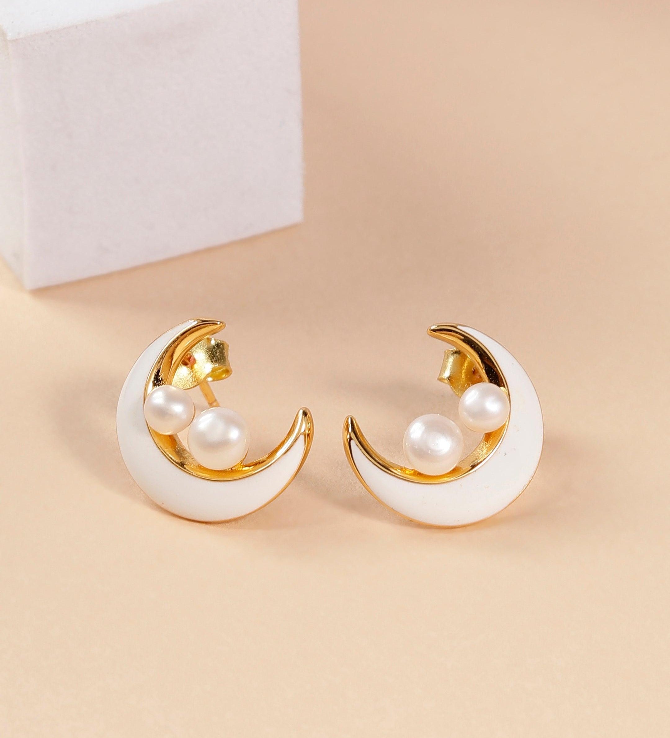 Celestial Pearl Crescent Earrings - Diavo Jewels