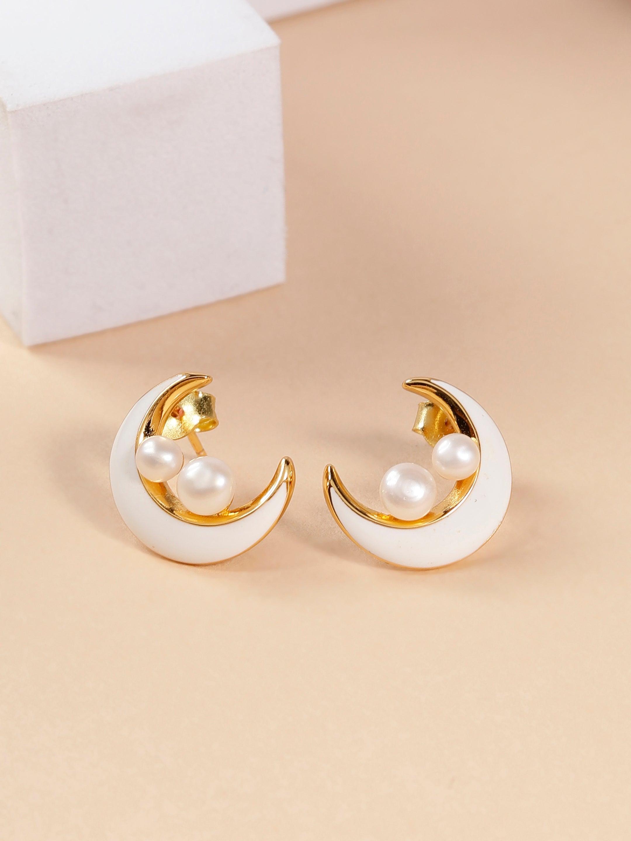 Celestial Pearl Crescent Earrings - Diavo Jewels