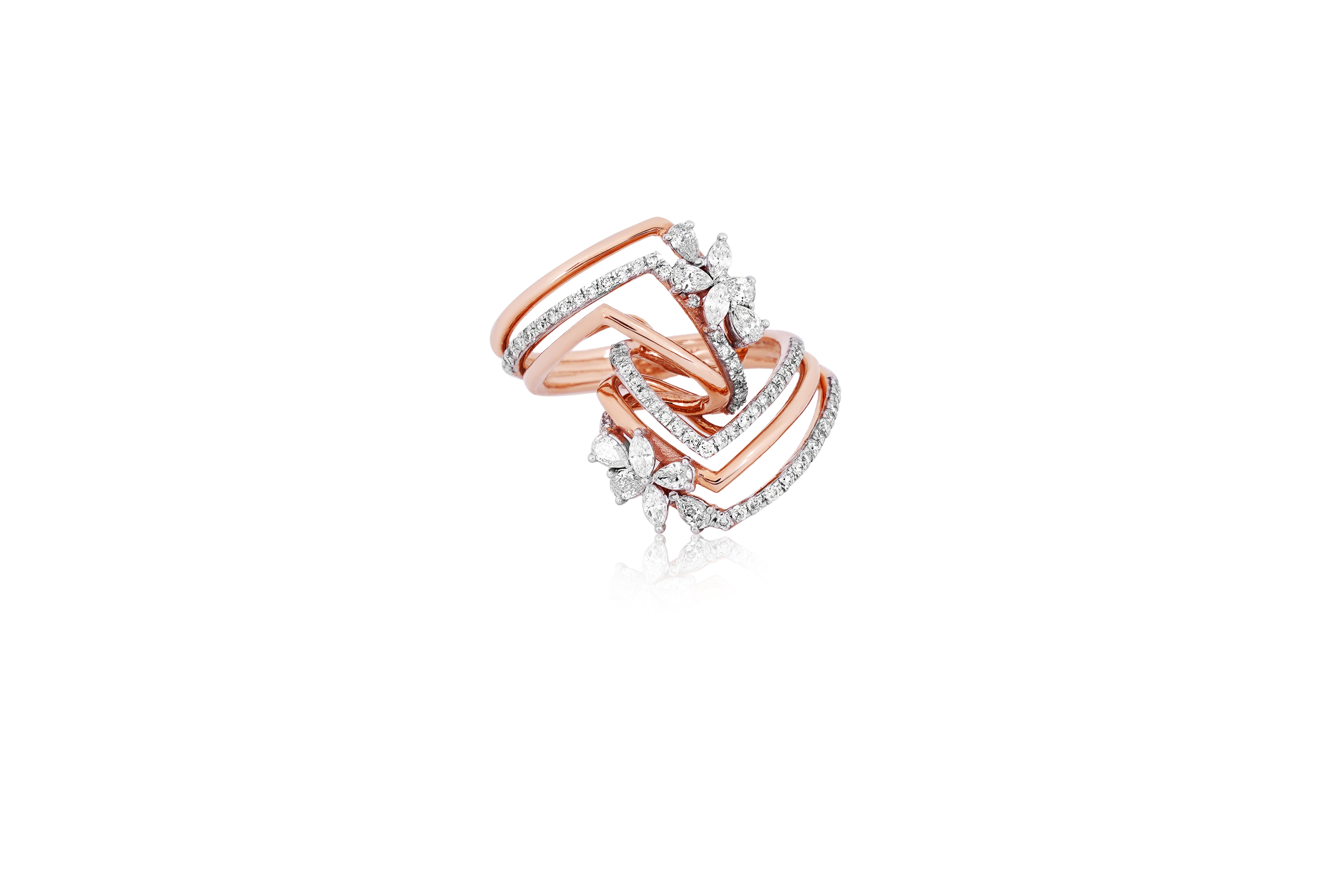 Diamond Double Blossom Chevron Ring