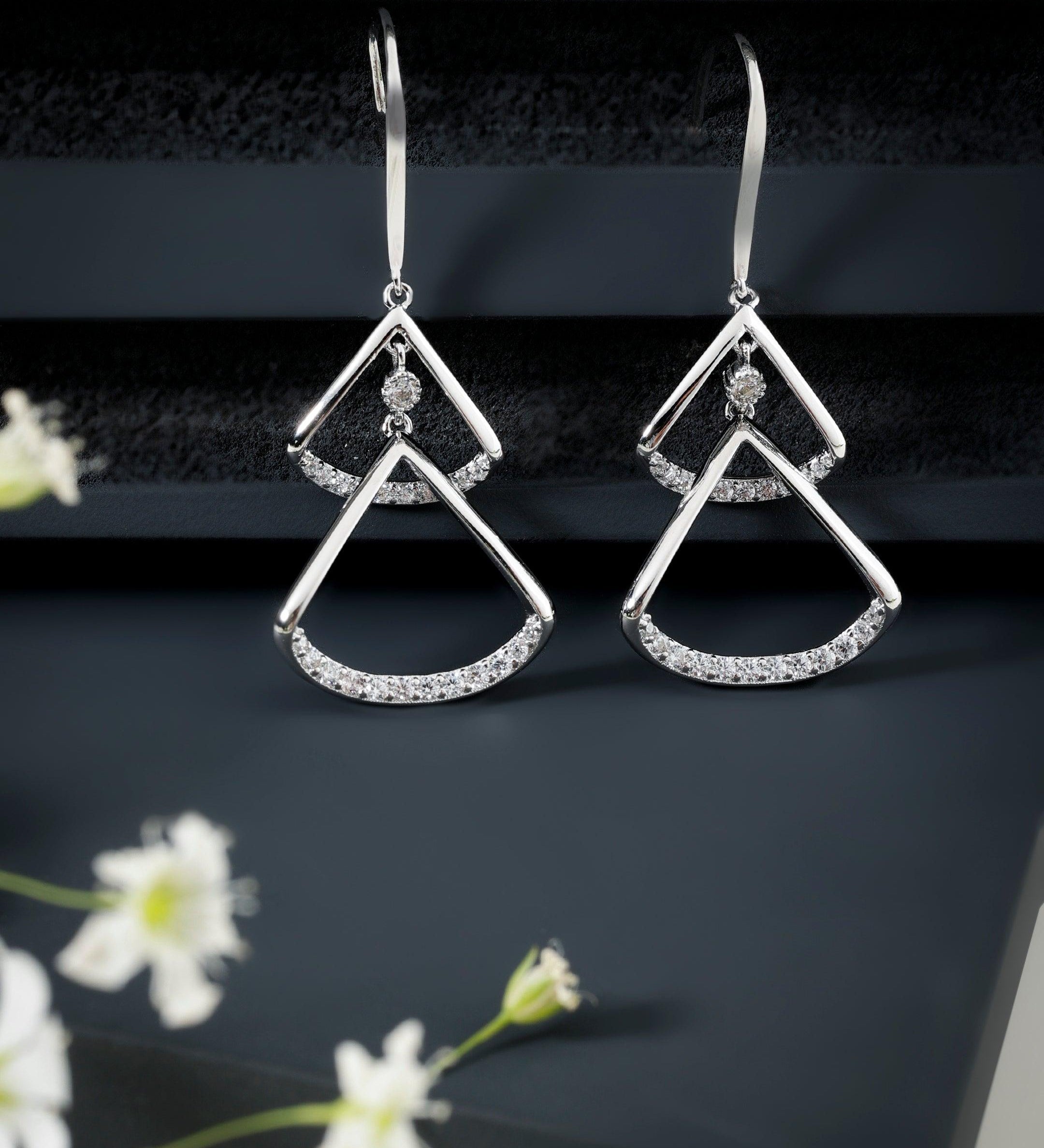 Radiant Rhodium-Plated Crystal Triangle Drop Earrings - Diavo Jewels