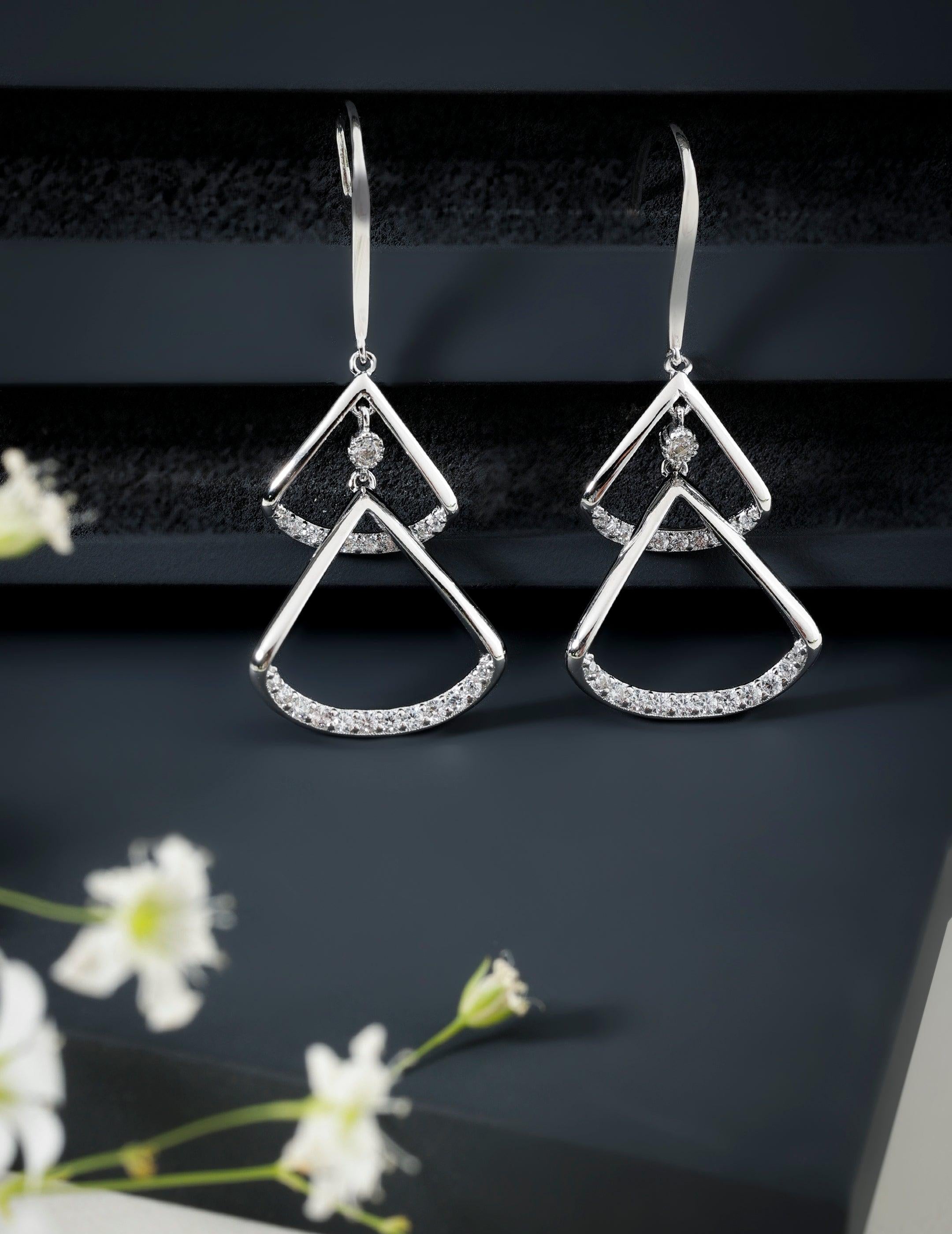 Radiant Rhodium-Plated Crystal Triangle Drop Earrings - Diavo Jewels