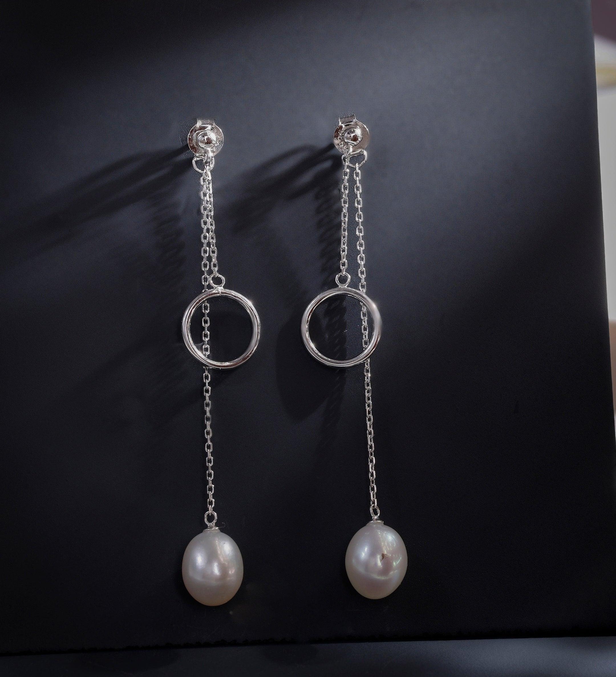 Dainty Circle & Pearl Drop 925 Silver Earrings - Diavo Jewels