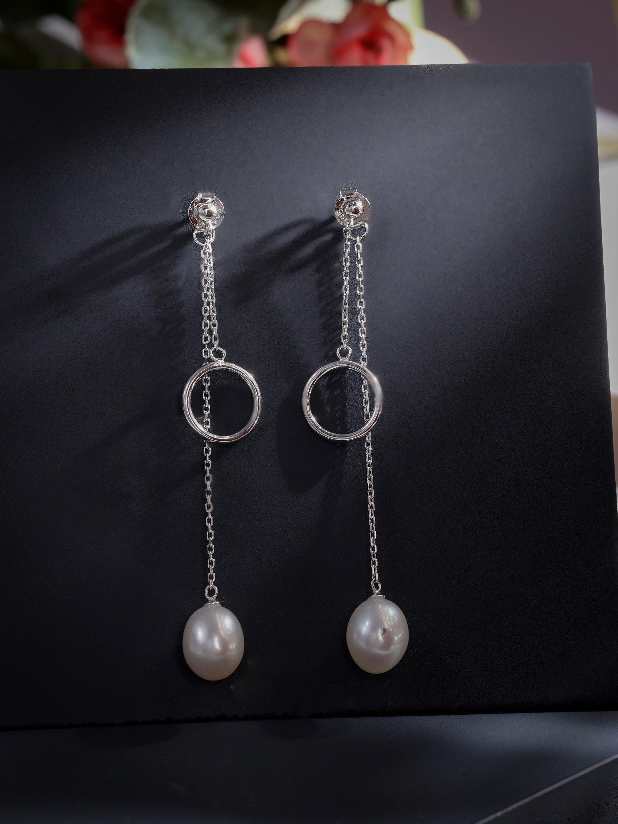 Dainty Circle & Pearl Drop 925 Silver Earrings - Diavo Jewels