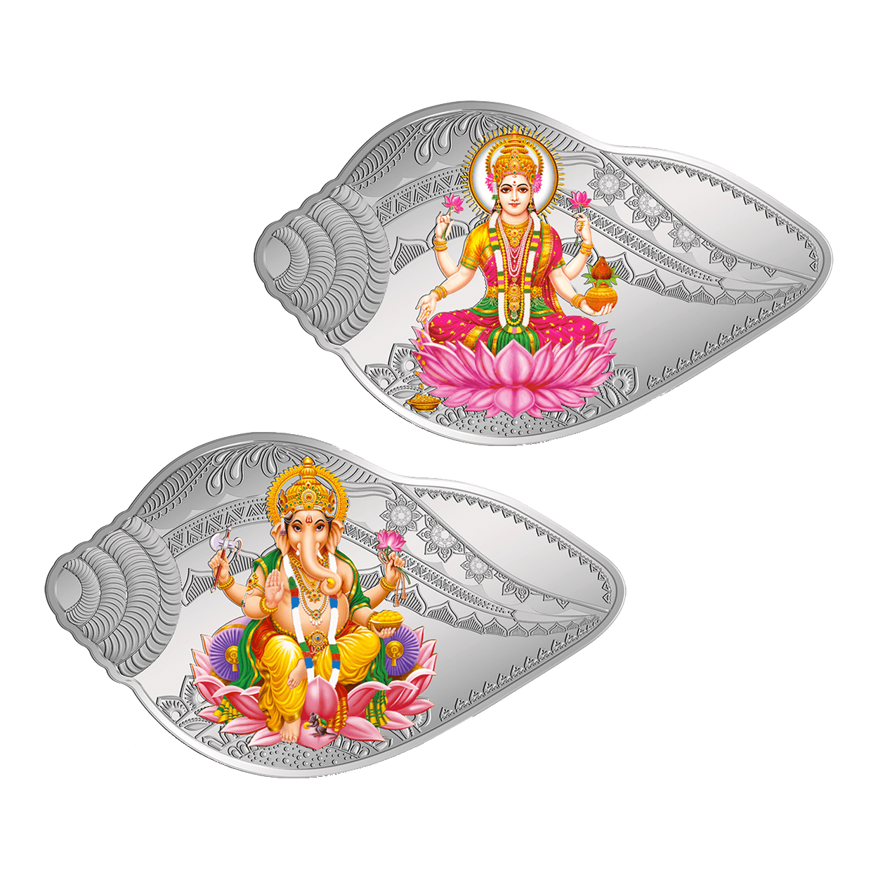 50 GRAM SILVER COIN (999.9) PURITY - LAKSHMI GANESH SHANKH SHAPE (2 COIN SET)