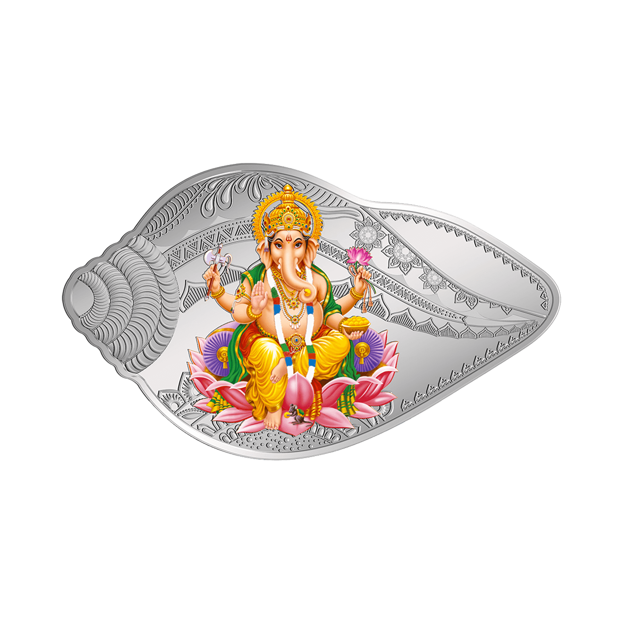 50 GRAM SILVER COIN (999.9) PURITY - LAKSHMI GANESH SHANKH SHAPE (2 COIN SET)