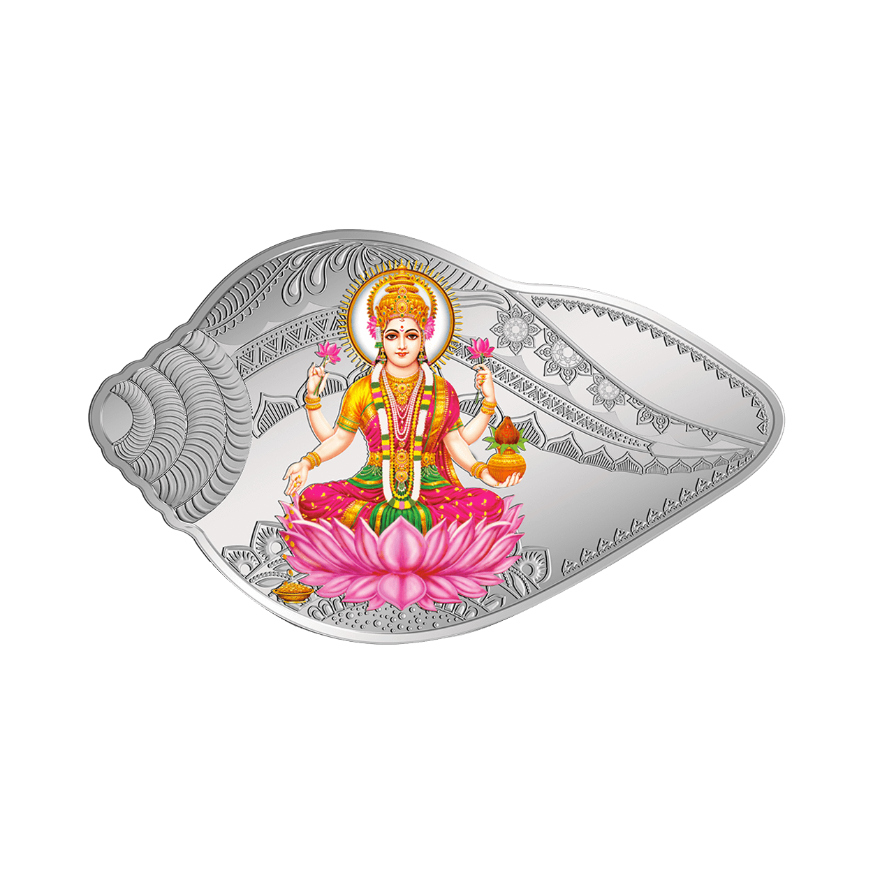 50 GRAM SILVER COIN (999.9) PURITY - LAKSHMI GANESH SHANKH SHAPE (2 COIN SET)