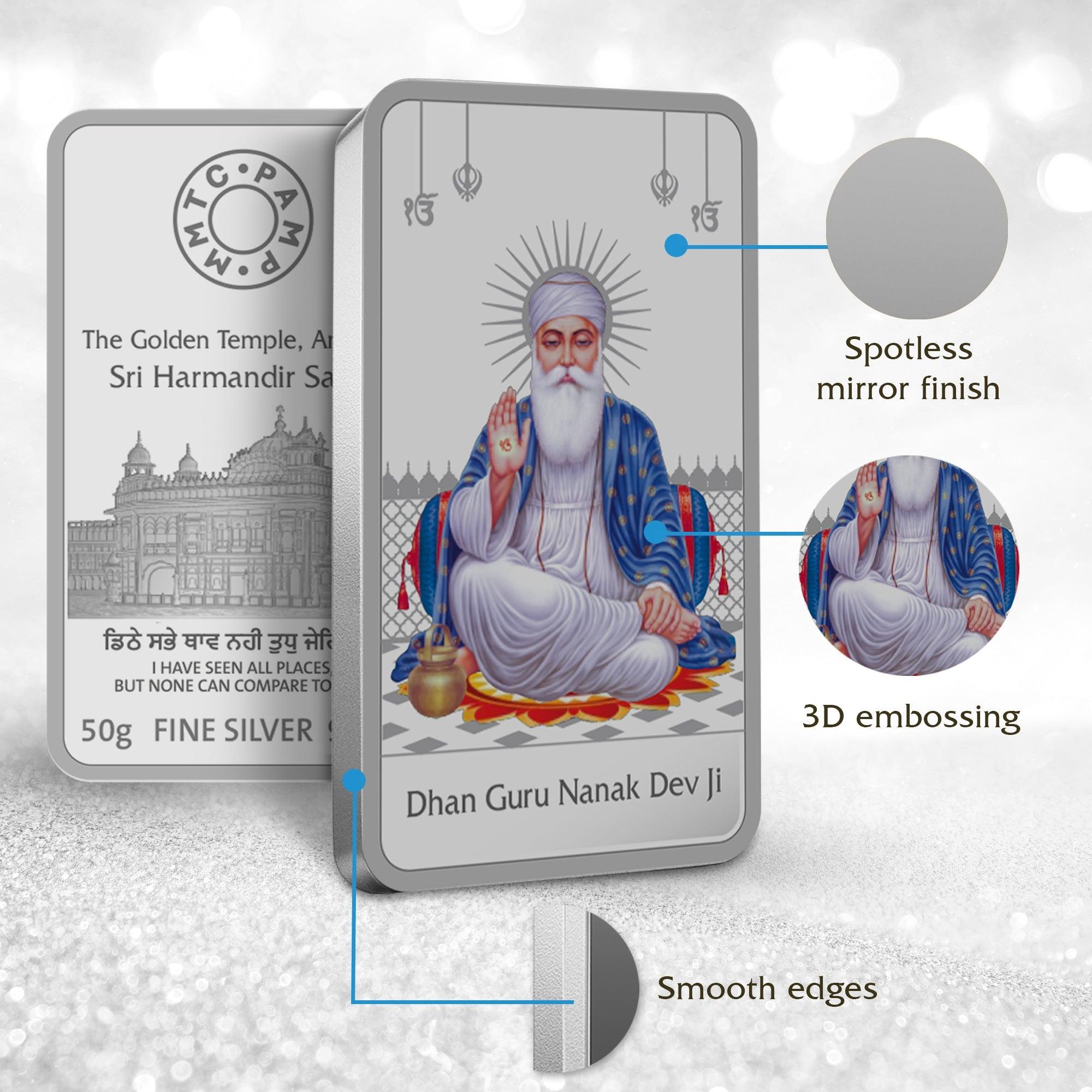 GURU NANAK DEV JI (999.9) 50 GM SILVER BAR - Diavo Jewels