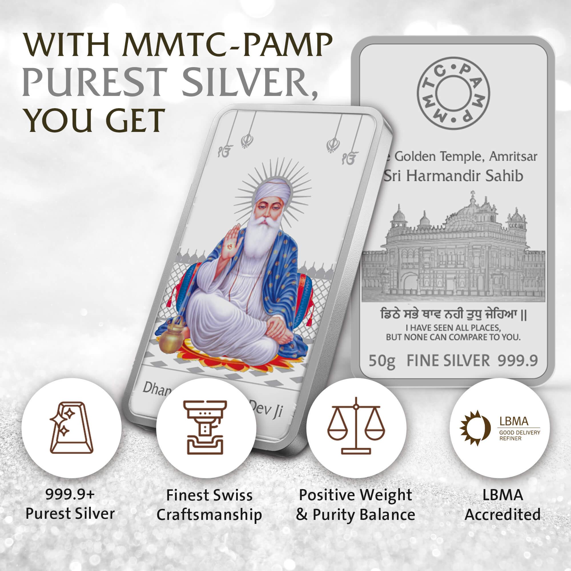 GURU NANAK DEV JI (999.9) 50 GM SILVER BAR - Diavo Jewels