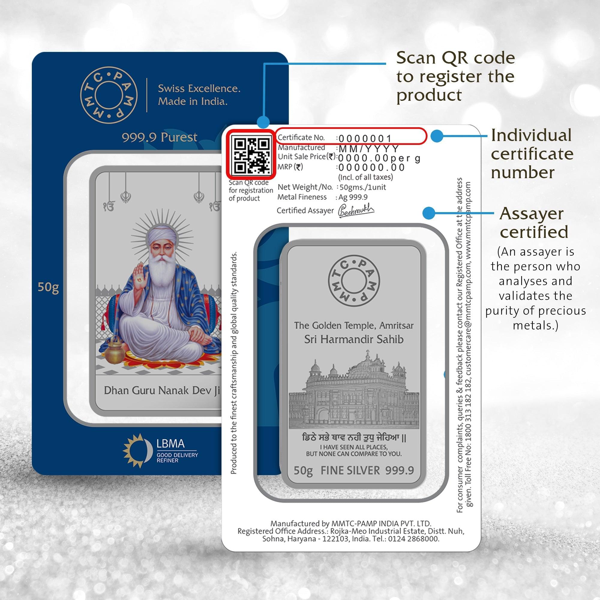 GURU NANAK DEV JI (999.9) 50 GM SILVER BAR - Diavo Jewels