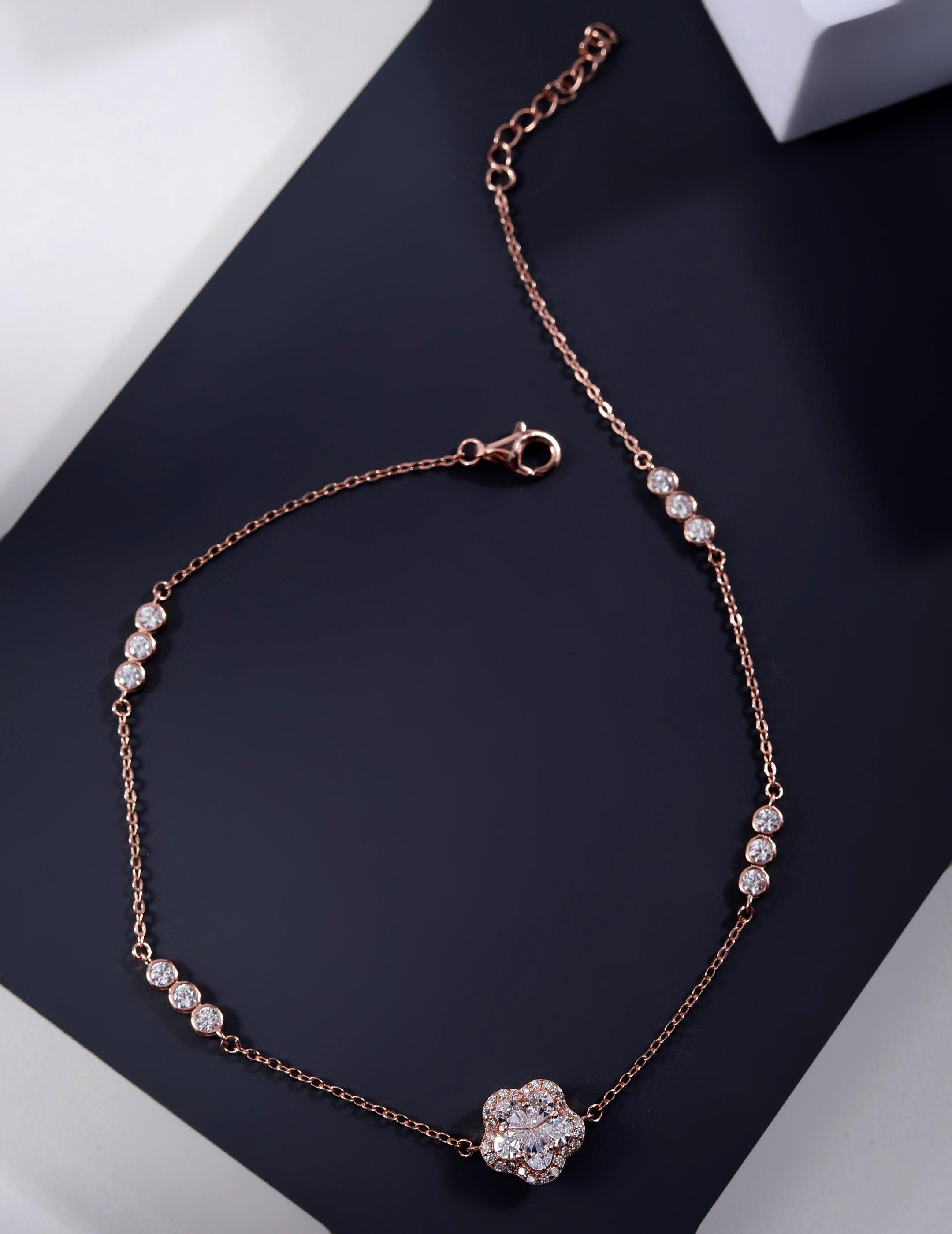 Hearty Fleur Charms Rose Gold Plated Silver Anklet - Diavo Jewels