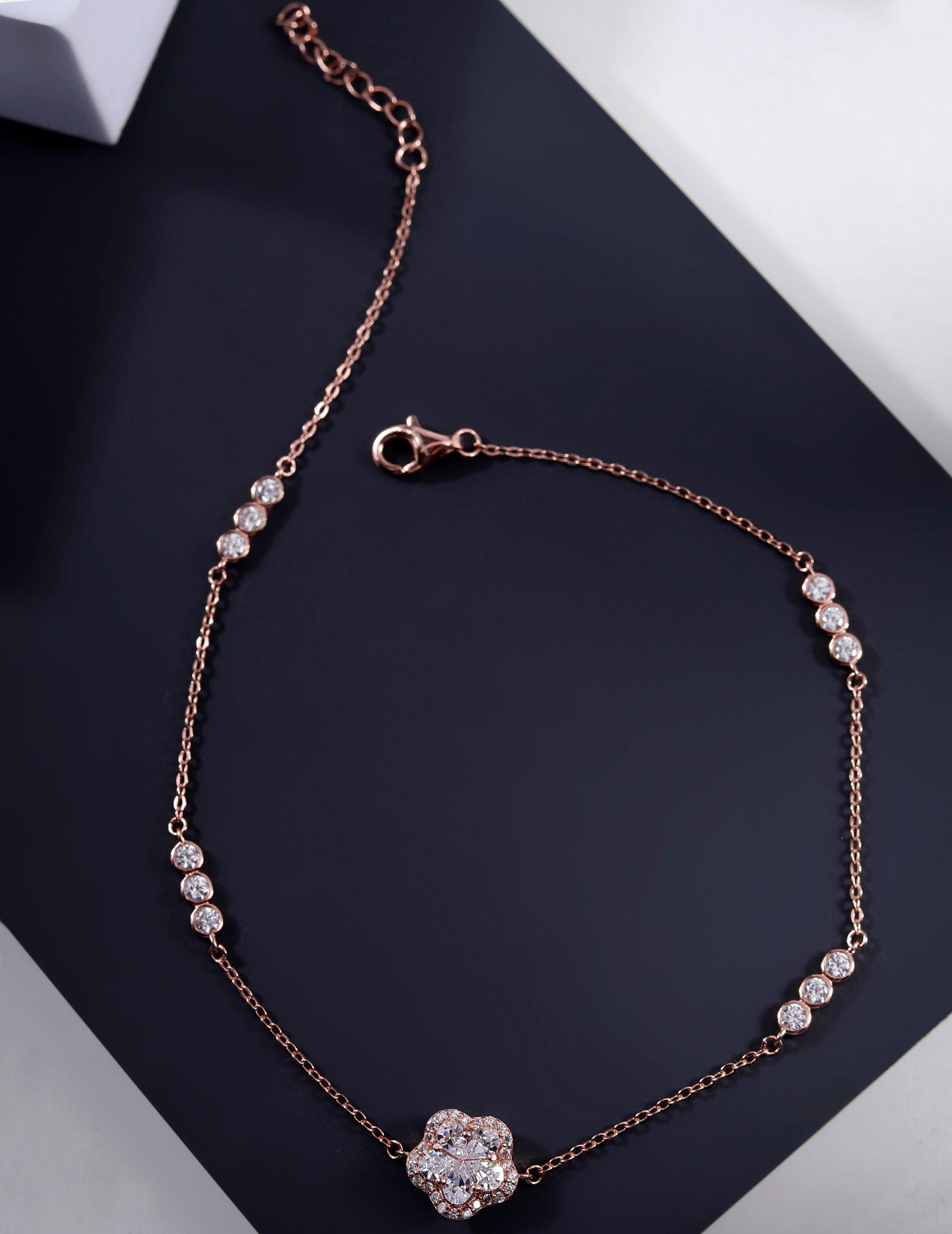 Hearty Fleur Charms Rose Gold Plated Silver Anklet - Diavo Jewels