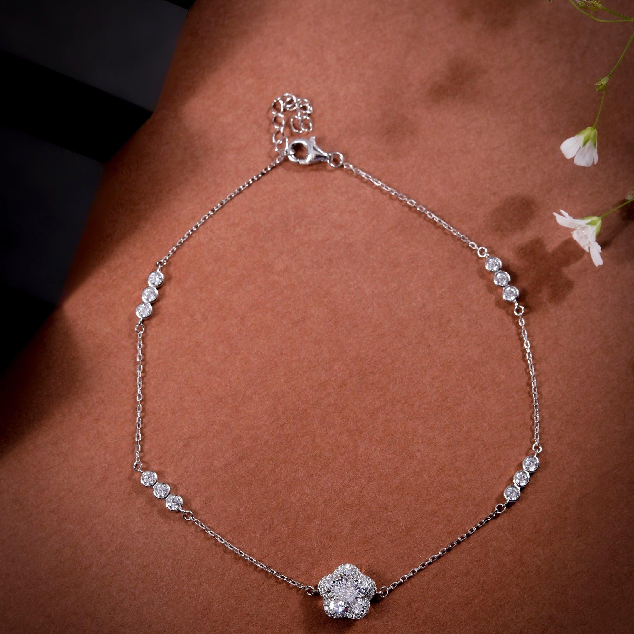 Hearty Fleur Charms Rhodium Plated Silver Anklet - Diavo Jewels