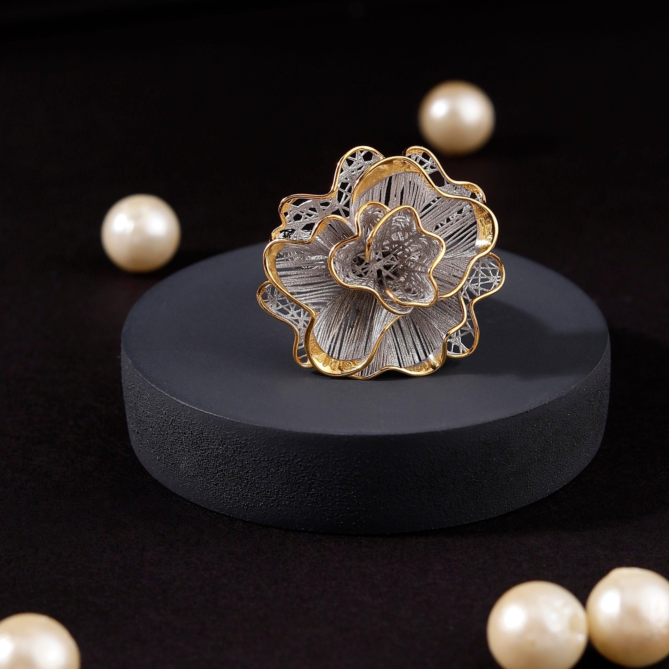 Gilded Filigree Floral Silver Ring - Diavo Jewels