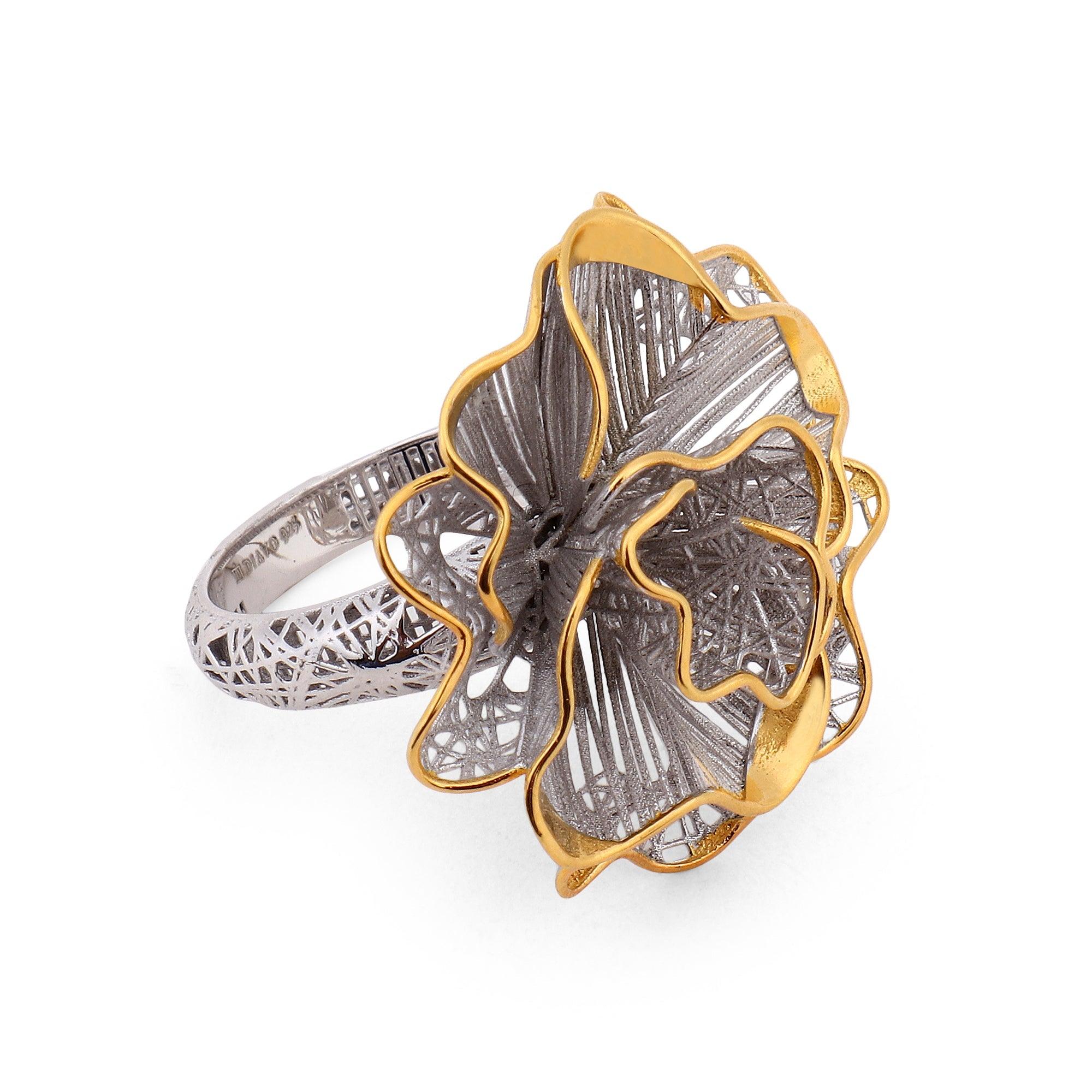 Gilded Filigree Floral Silver Ring - Diavo Jewels