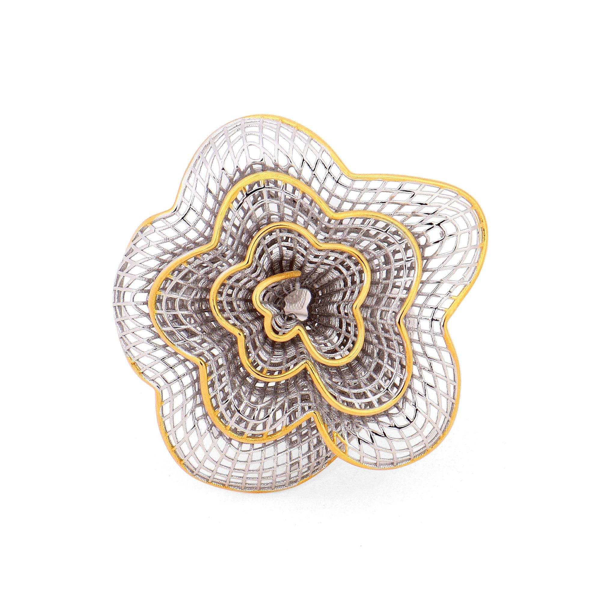Filigree Floral Delight Silver Ring with Dual Tones - Diavo Jewels