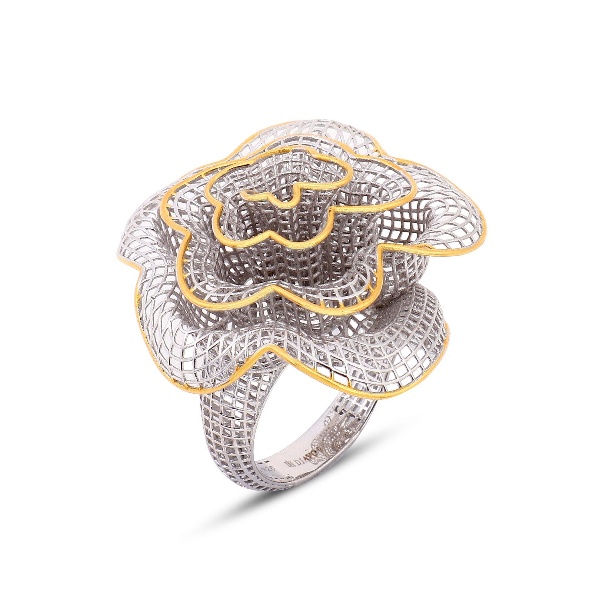 Filigree Floral Delight Silver Ring with Dual Tones - Diavo Jewels