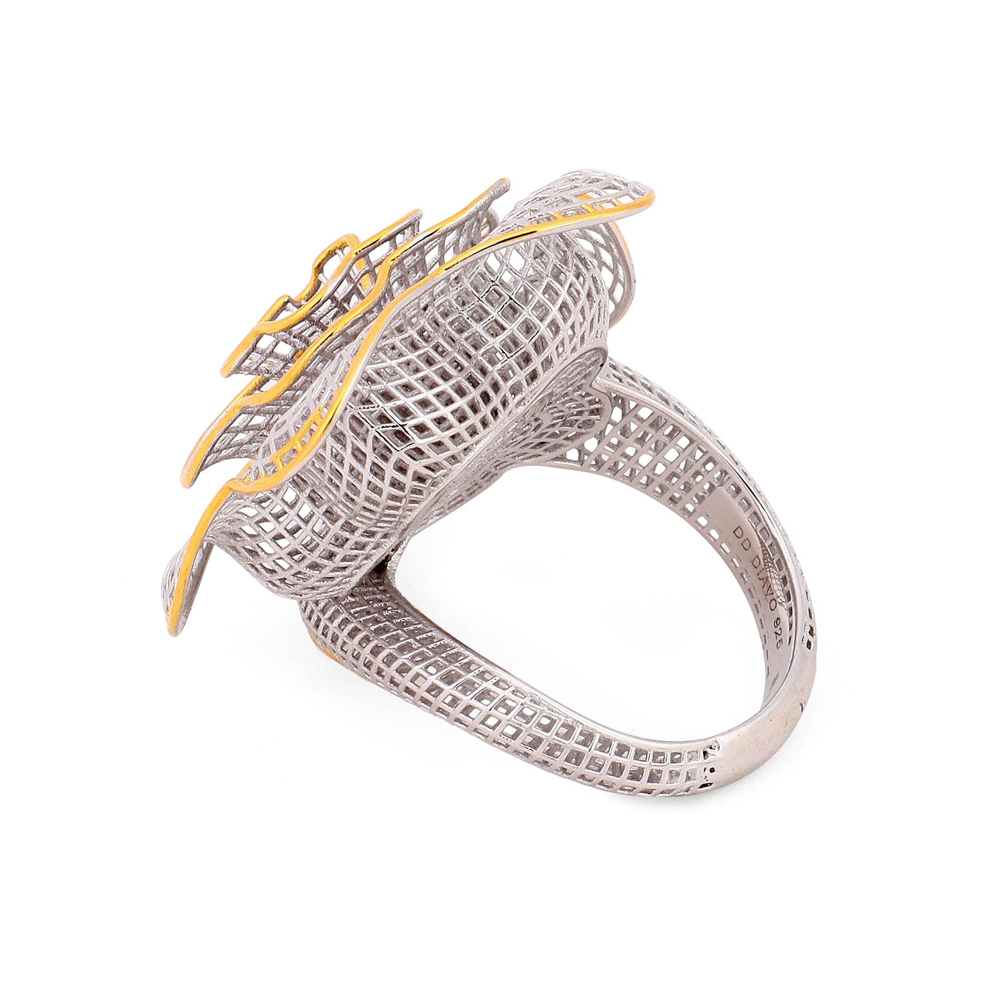 Filigree Floral Delight Silver Ring with Dual Tones - Diavo Jewels