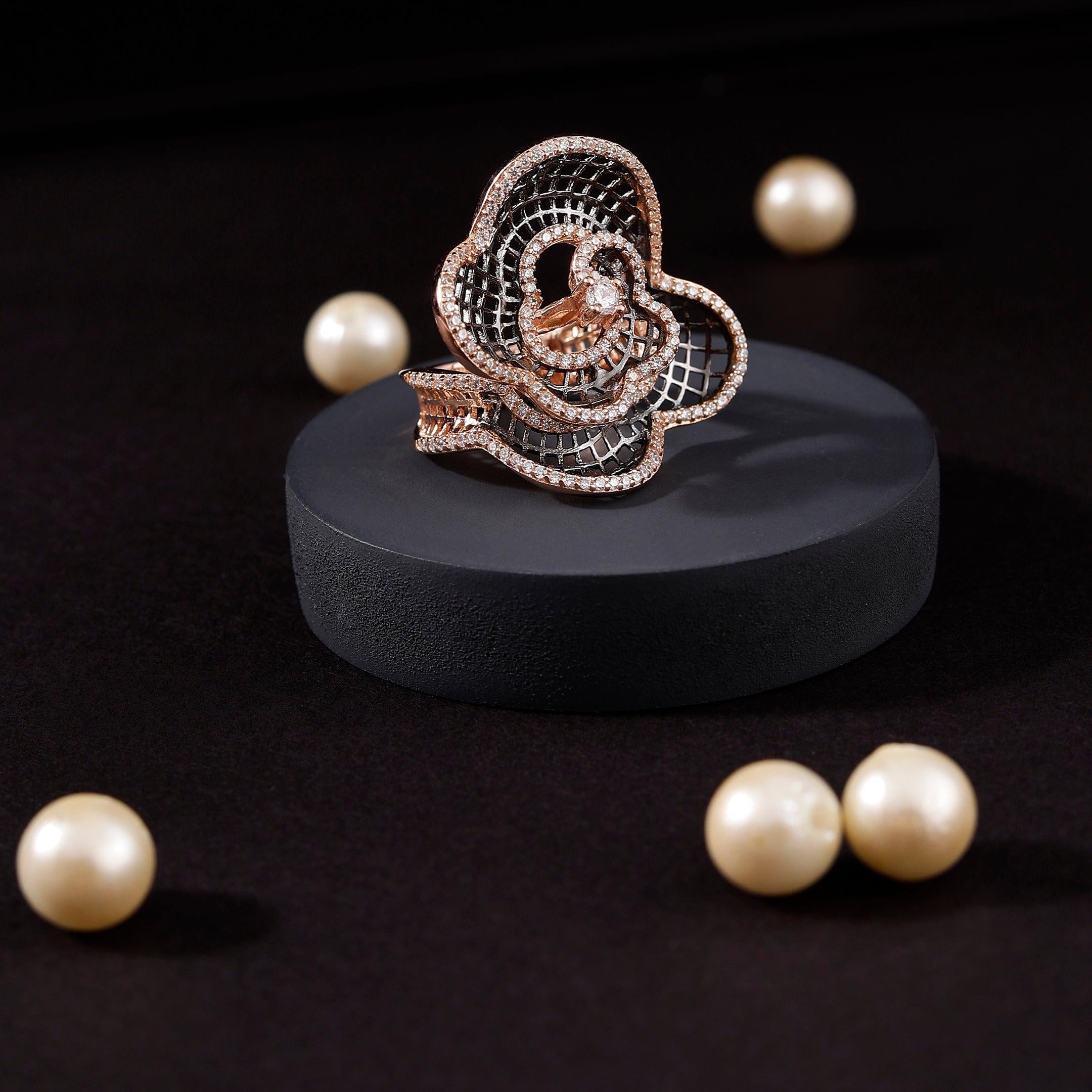 Rosé Fleur in Midnight Silver Ring - Diavo Jewels