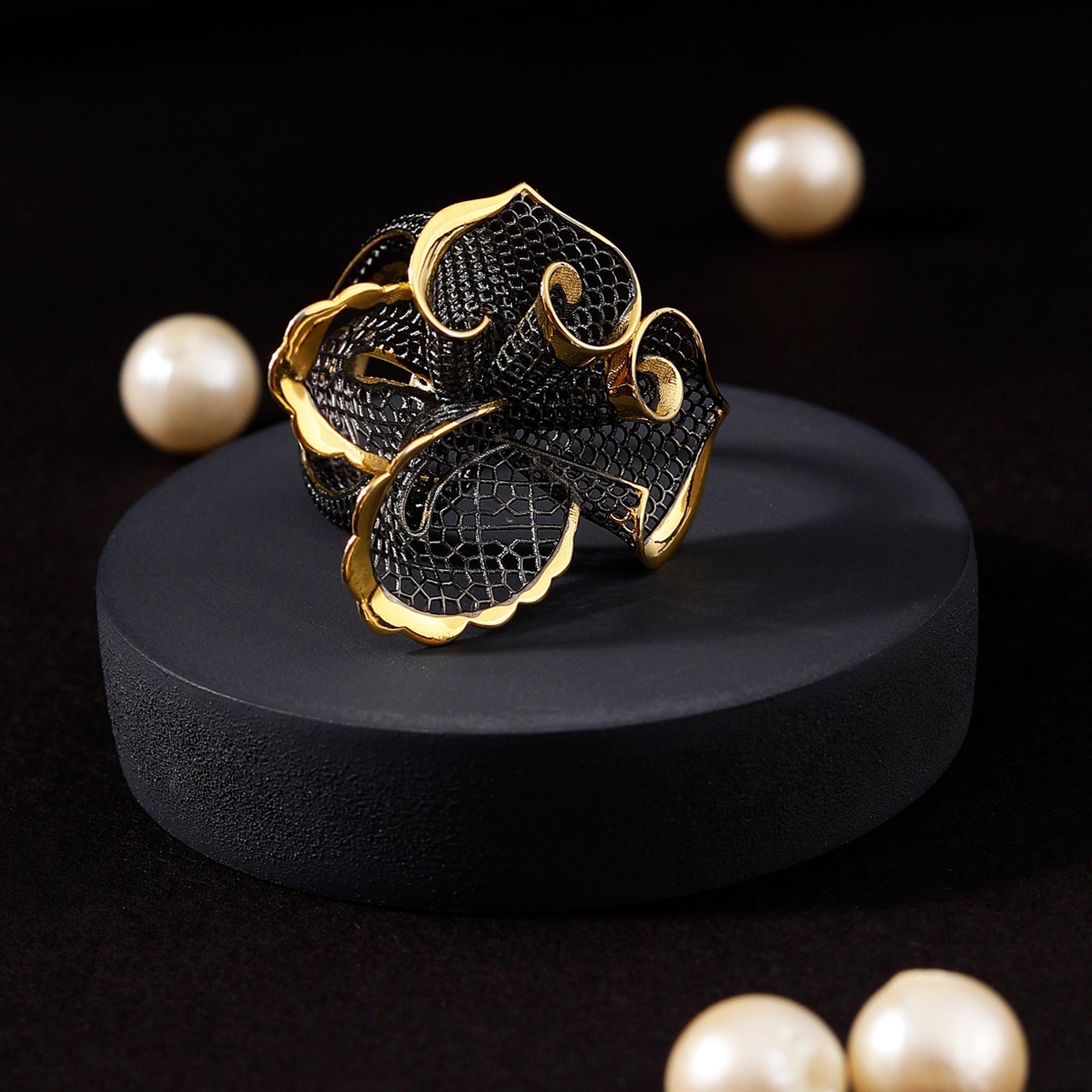 Blossom in the Midnight Silver Ring