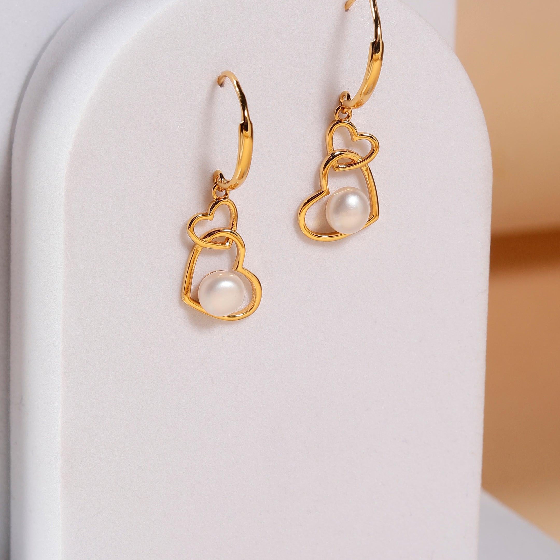 925 Silver Pearl Interlock Heart Earrings