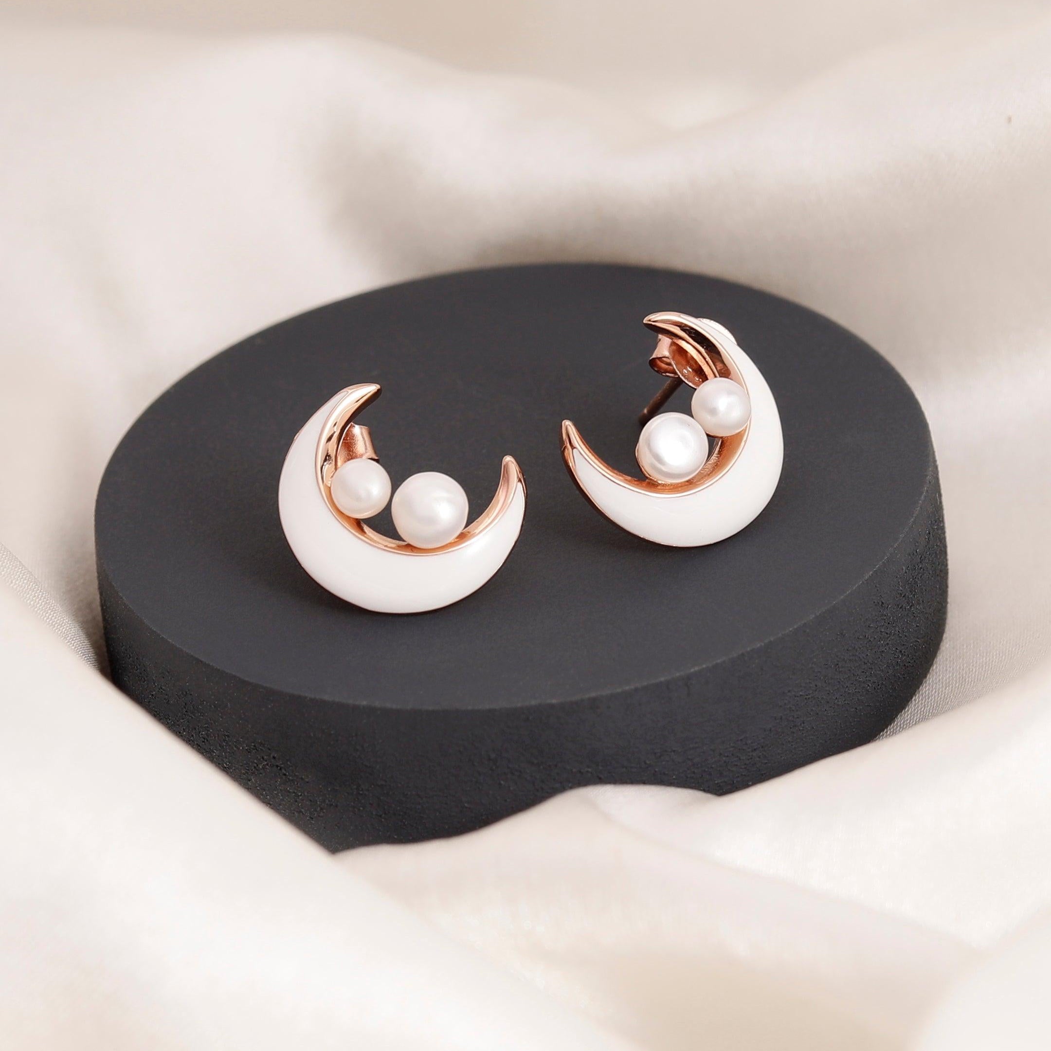 Celestial Pearl Crescent Earrings - Diavo Jewels