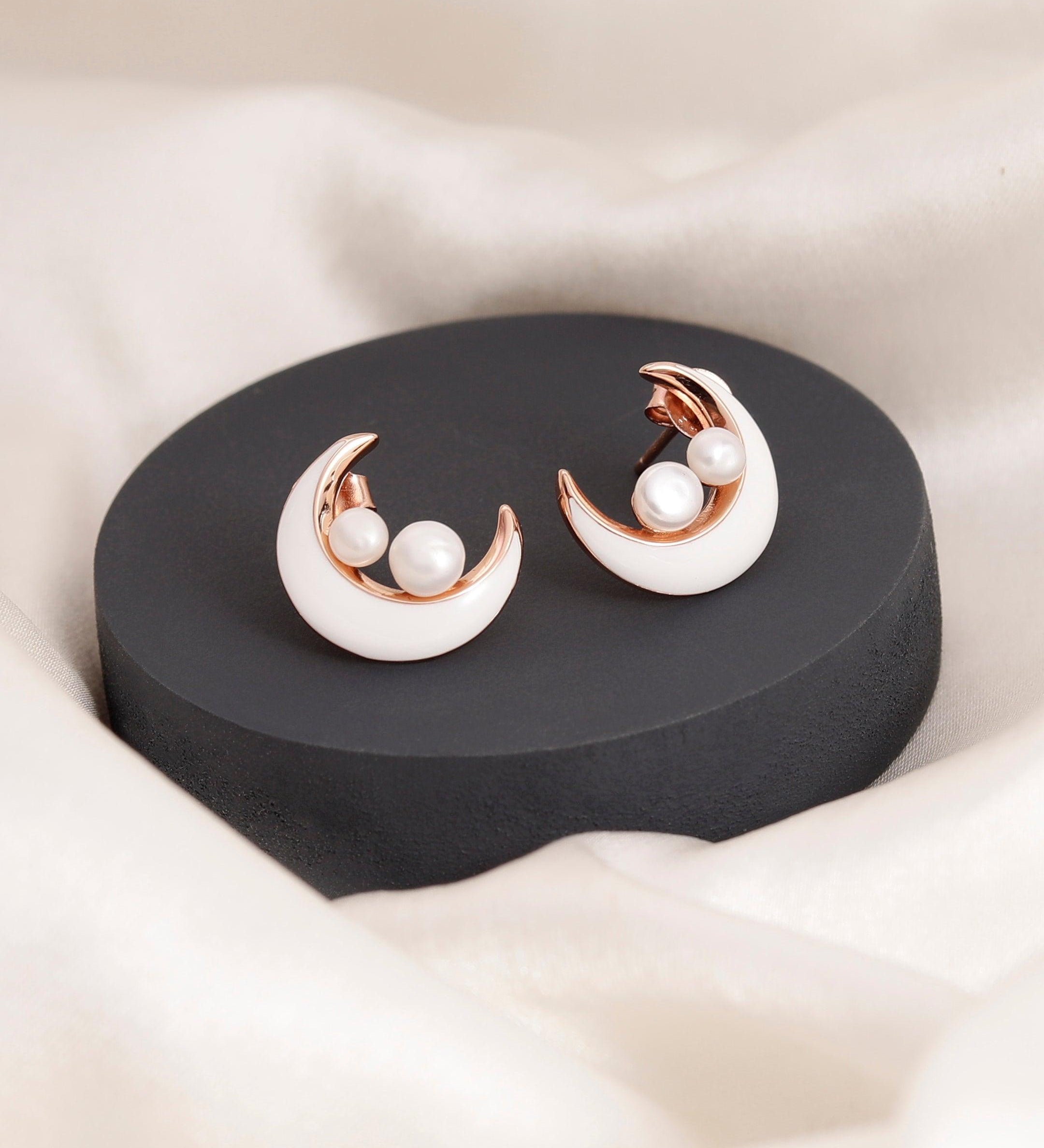 Celestial Pearl Crescent Earrings - Diavo Jewels