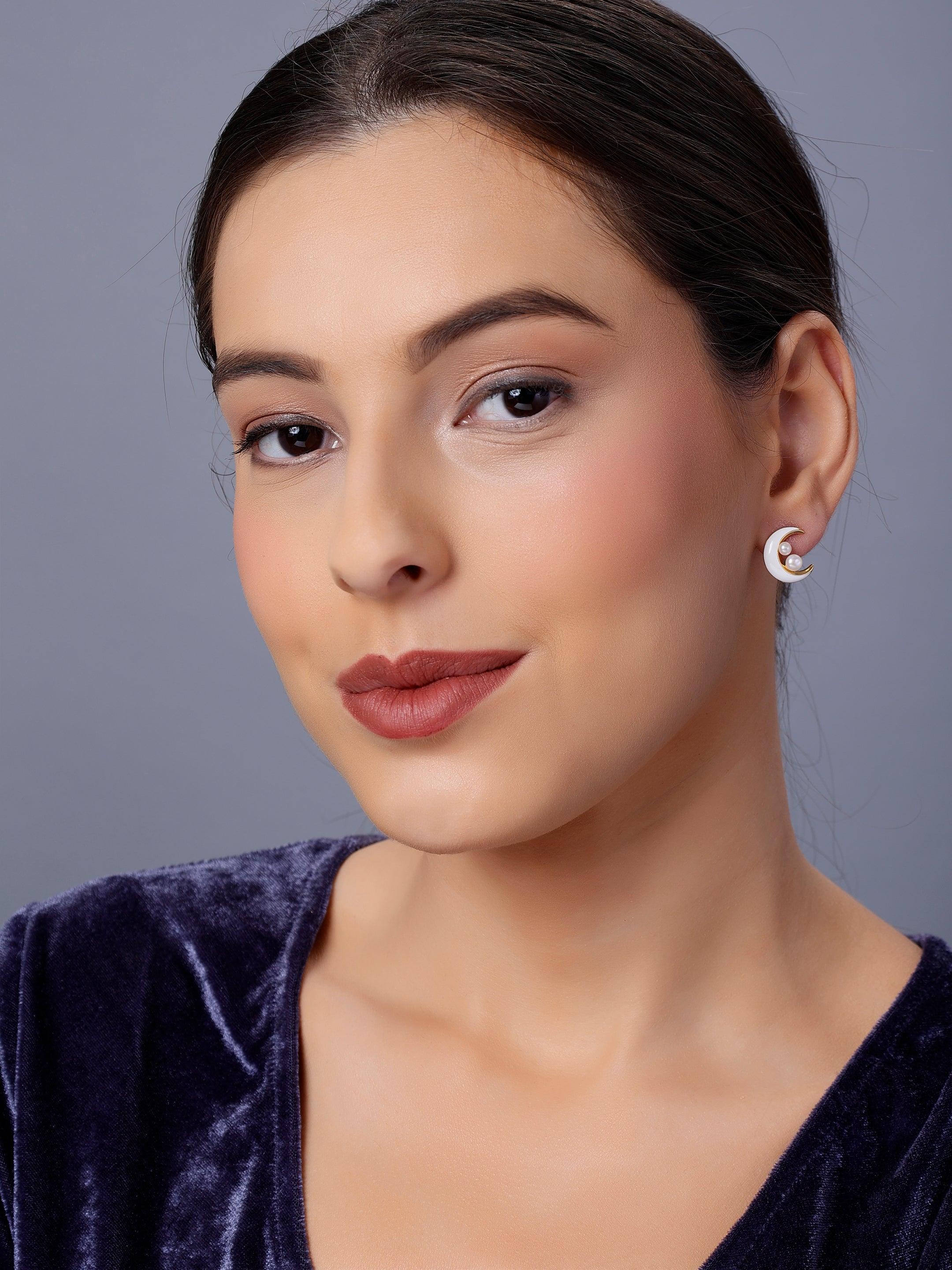 Celestial Pearl Crescent Earrings - Diavo Jewels