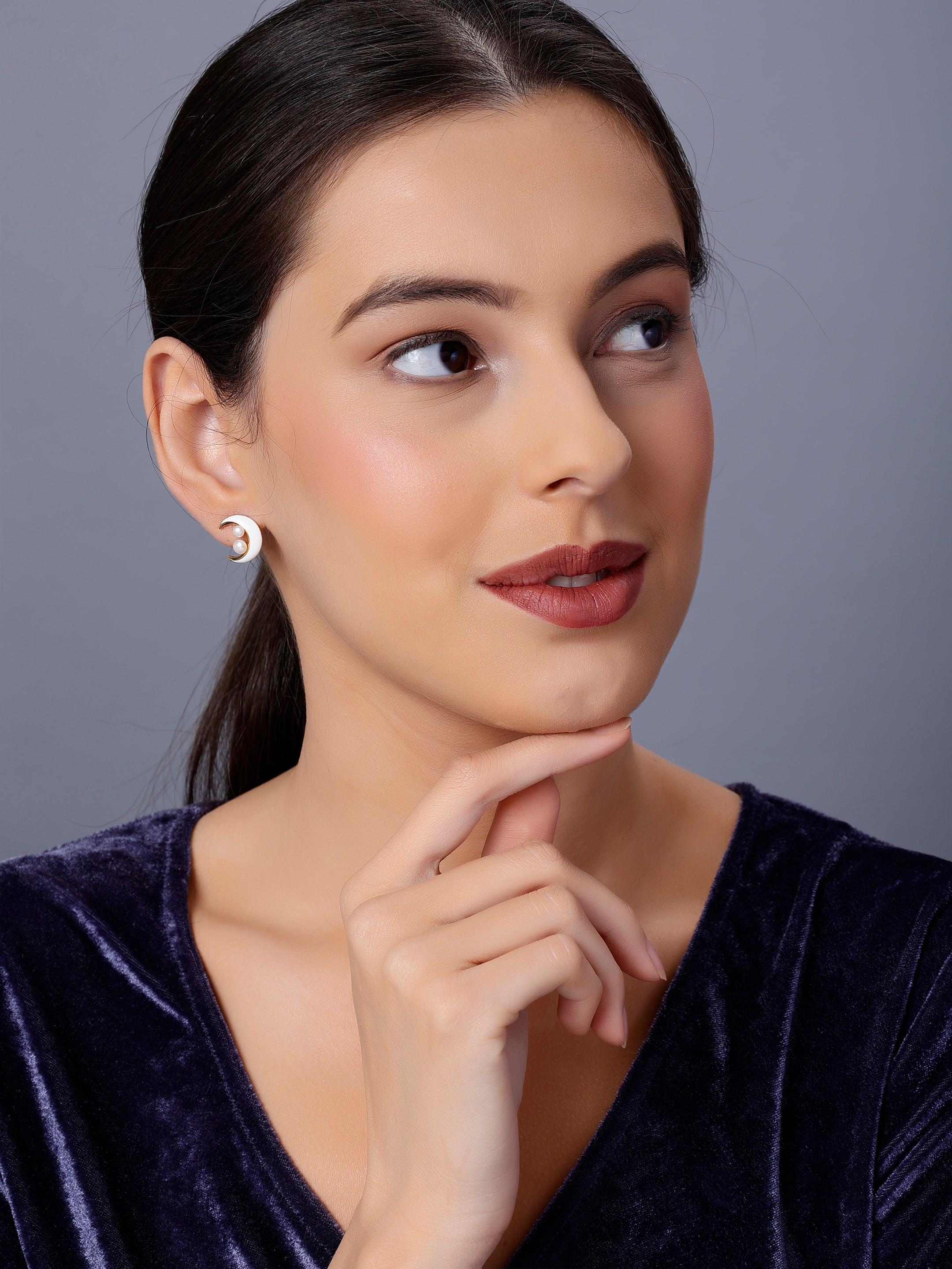 Celestial Pearl Crescent Earrings - Diavo Jewels