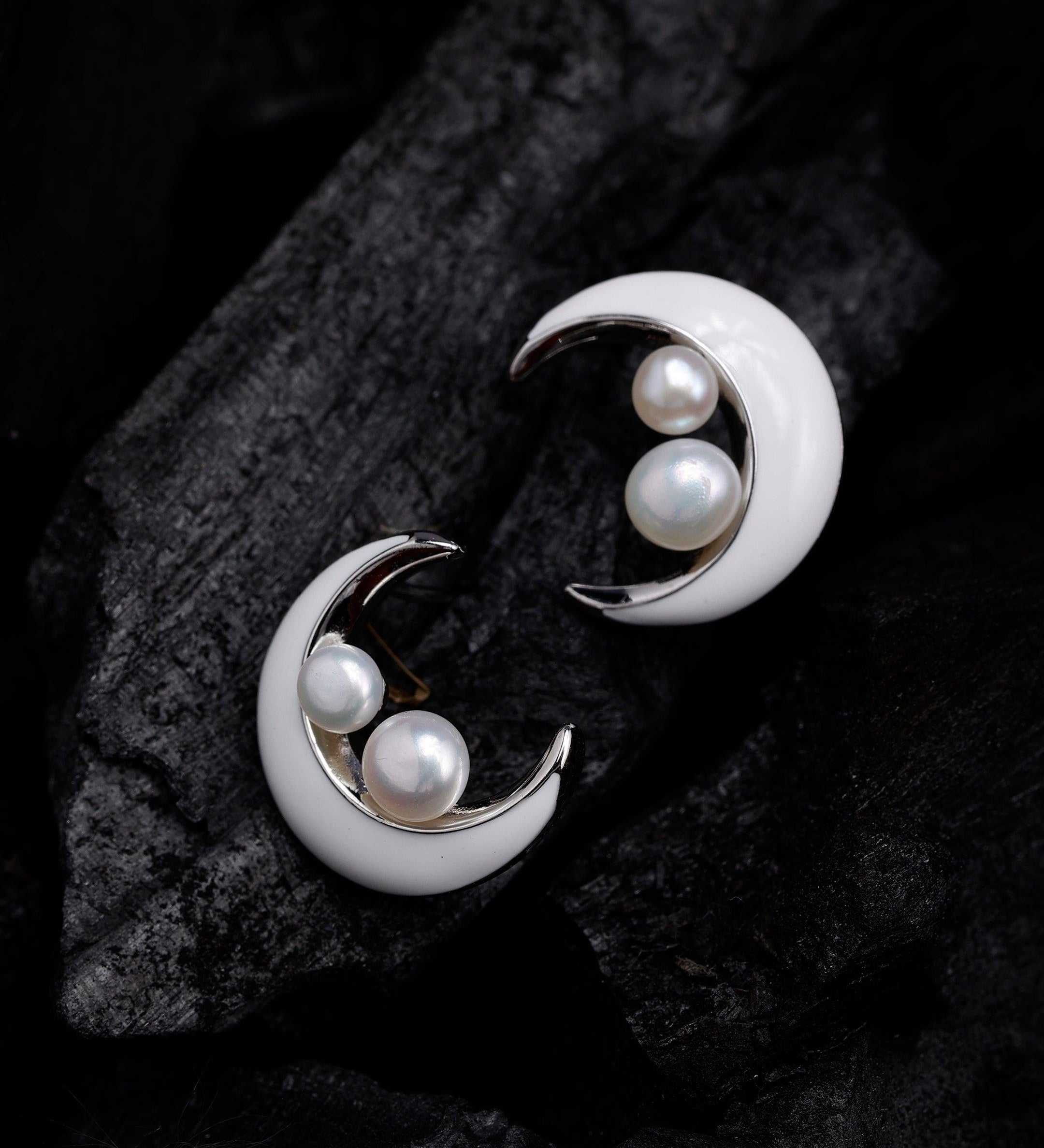 Celestial Pearl Crescent Earrings - Diavo Jewels