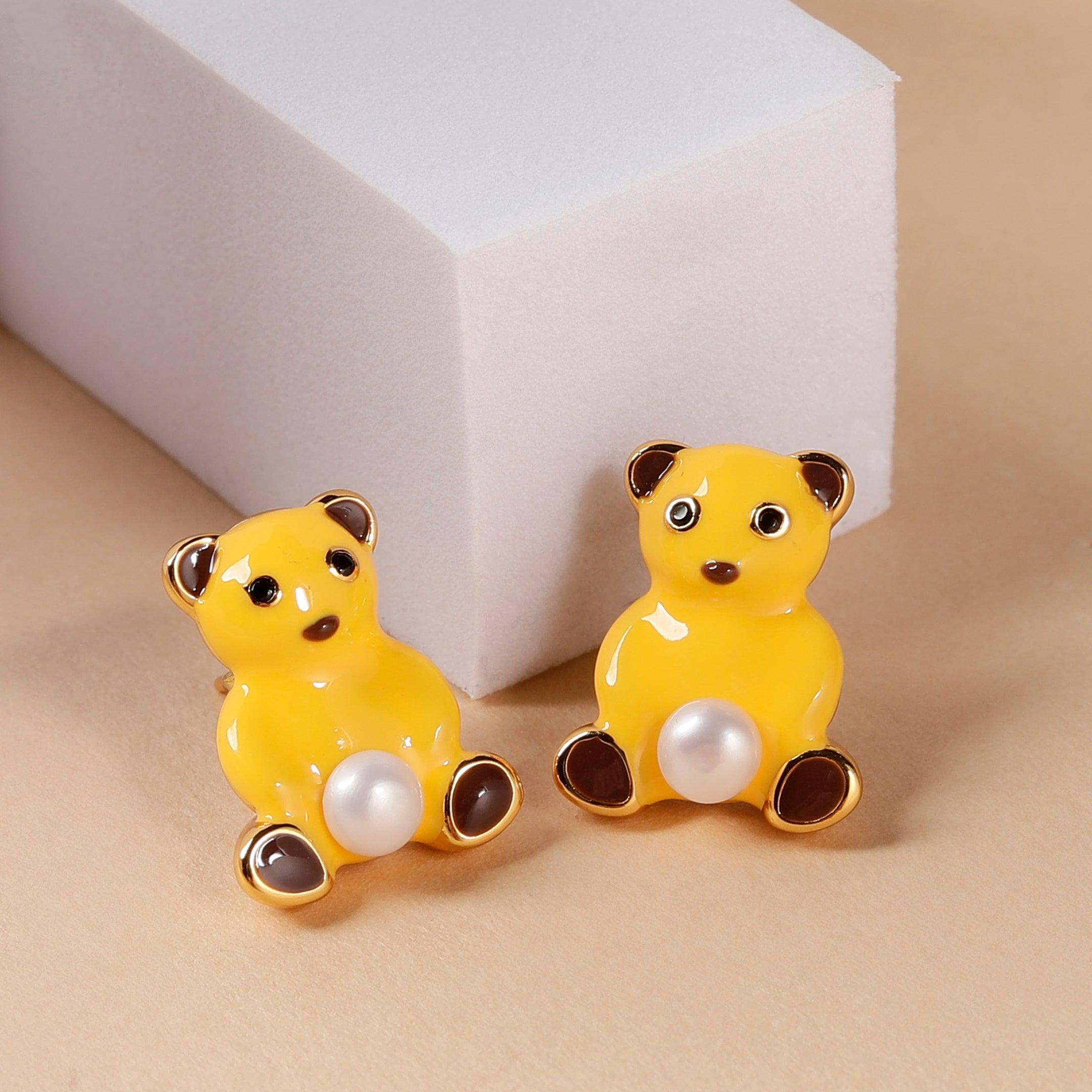 925 Silver Teddy Charm Pearl Earrings