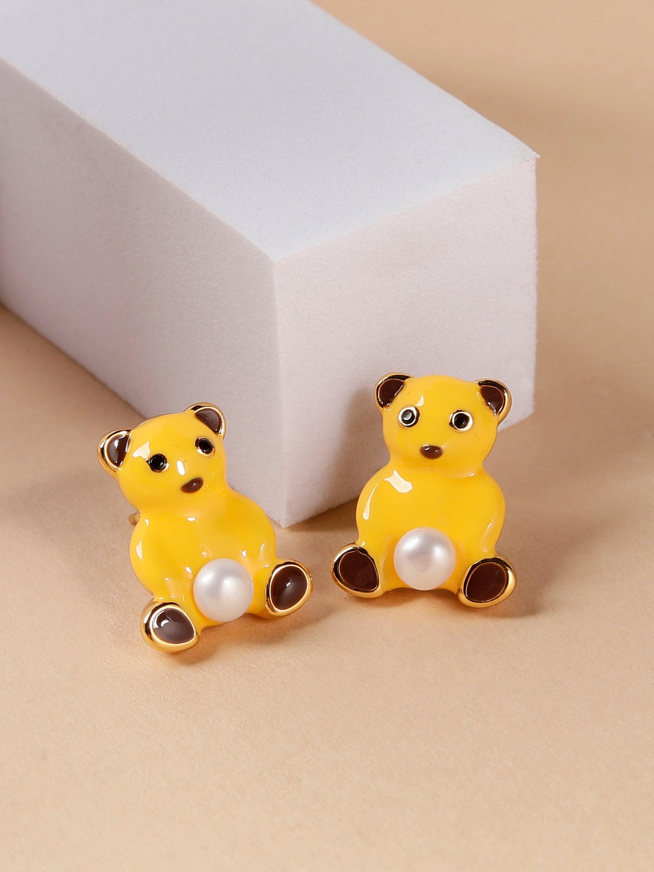 925 Silver Teddy Charm Pearl Earrings