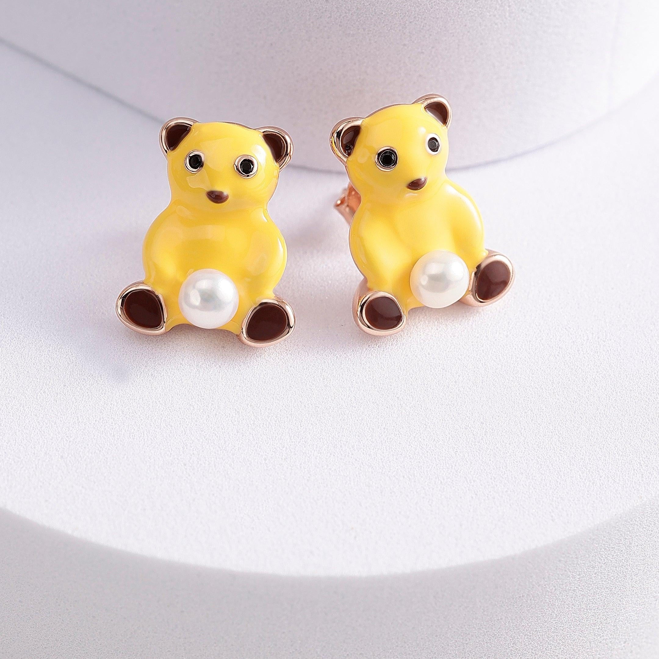 925 Silver Teddy Charm Pearl Earrings