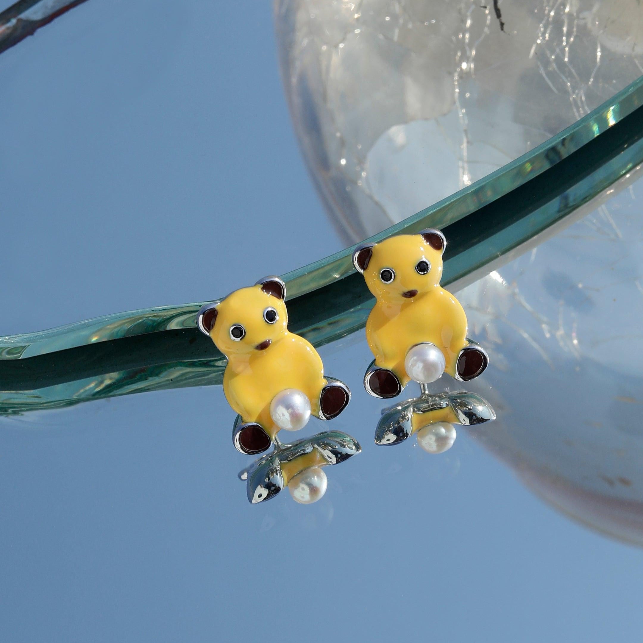 925 Silver Teddy Charm Pearl Earrings