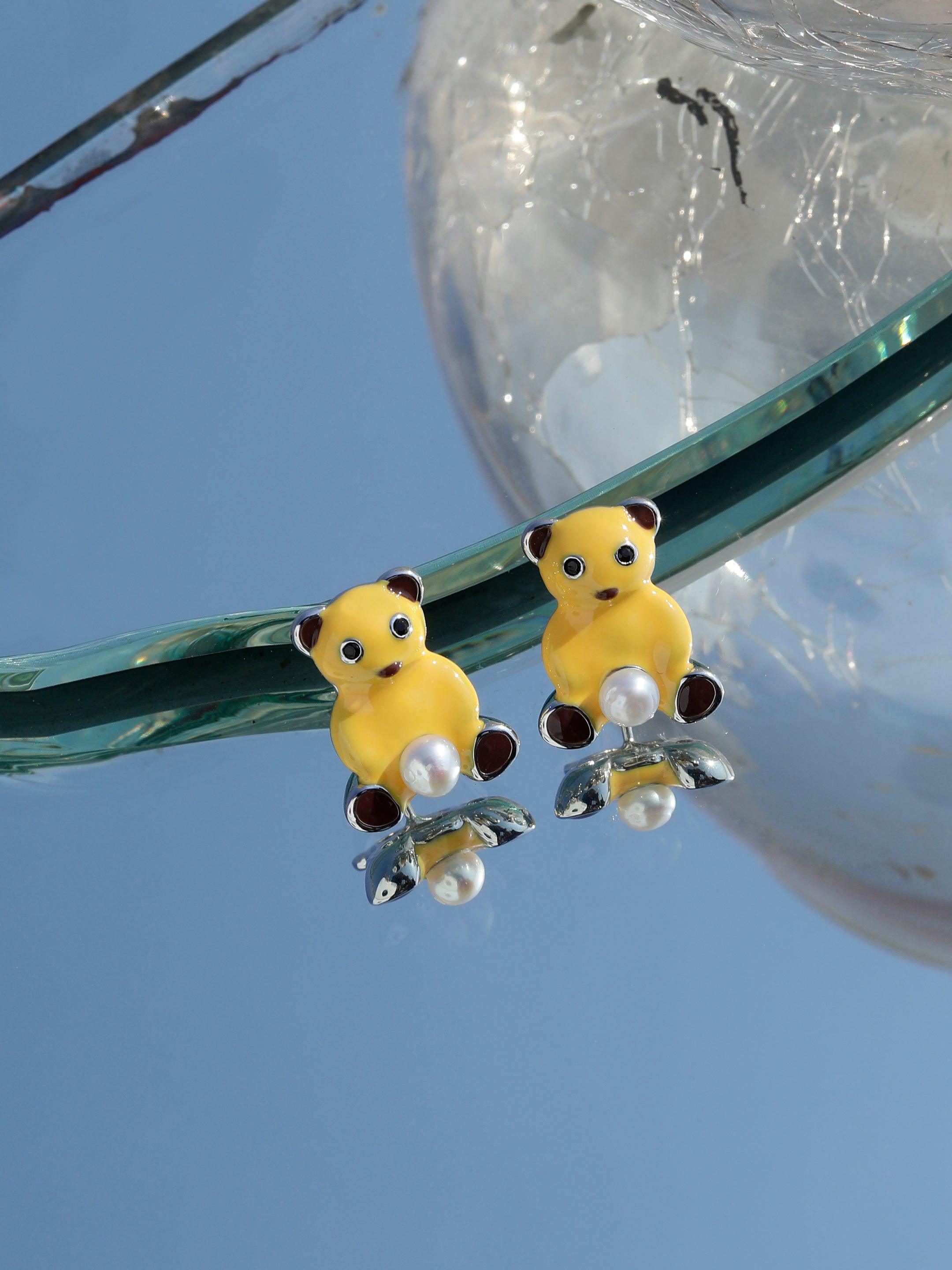 925 Silver Teddy Charm Pearl Earrings