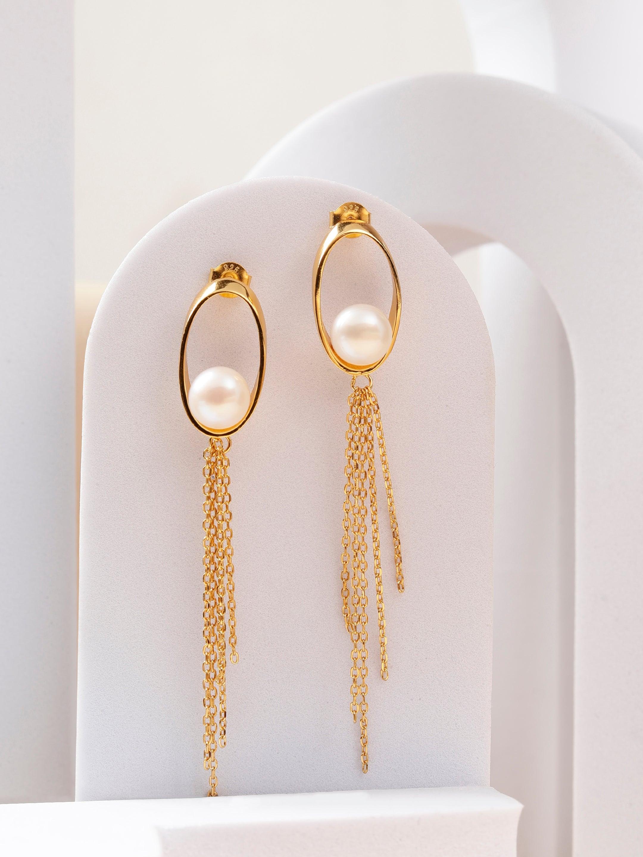 Oval Tassel 925 Silver Earrings with Freshwater Pearl - Diavo Jewels
