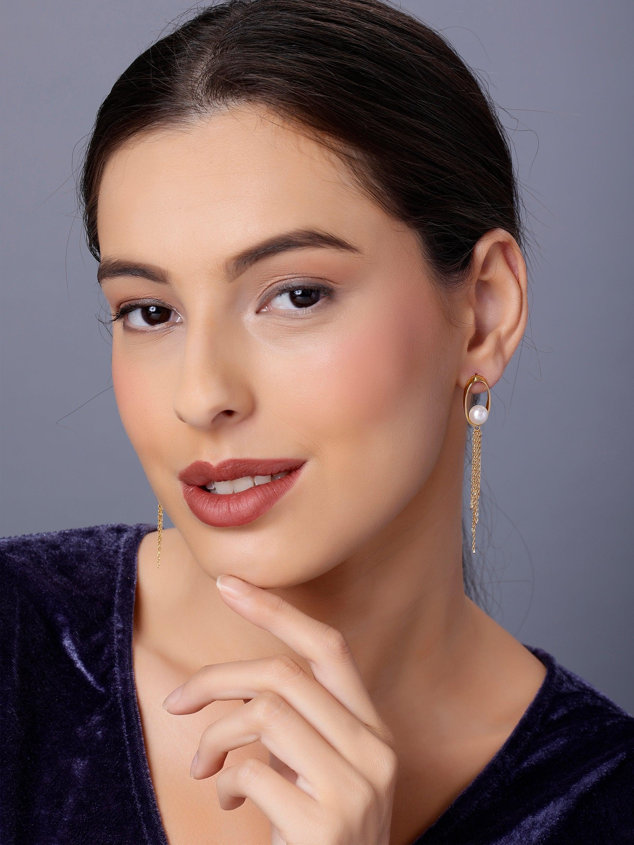Oval Tassel 925 Silver Earrings with Freshwater Pearl - Diavo Jewels