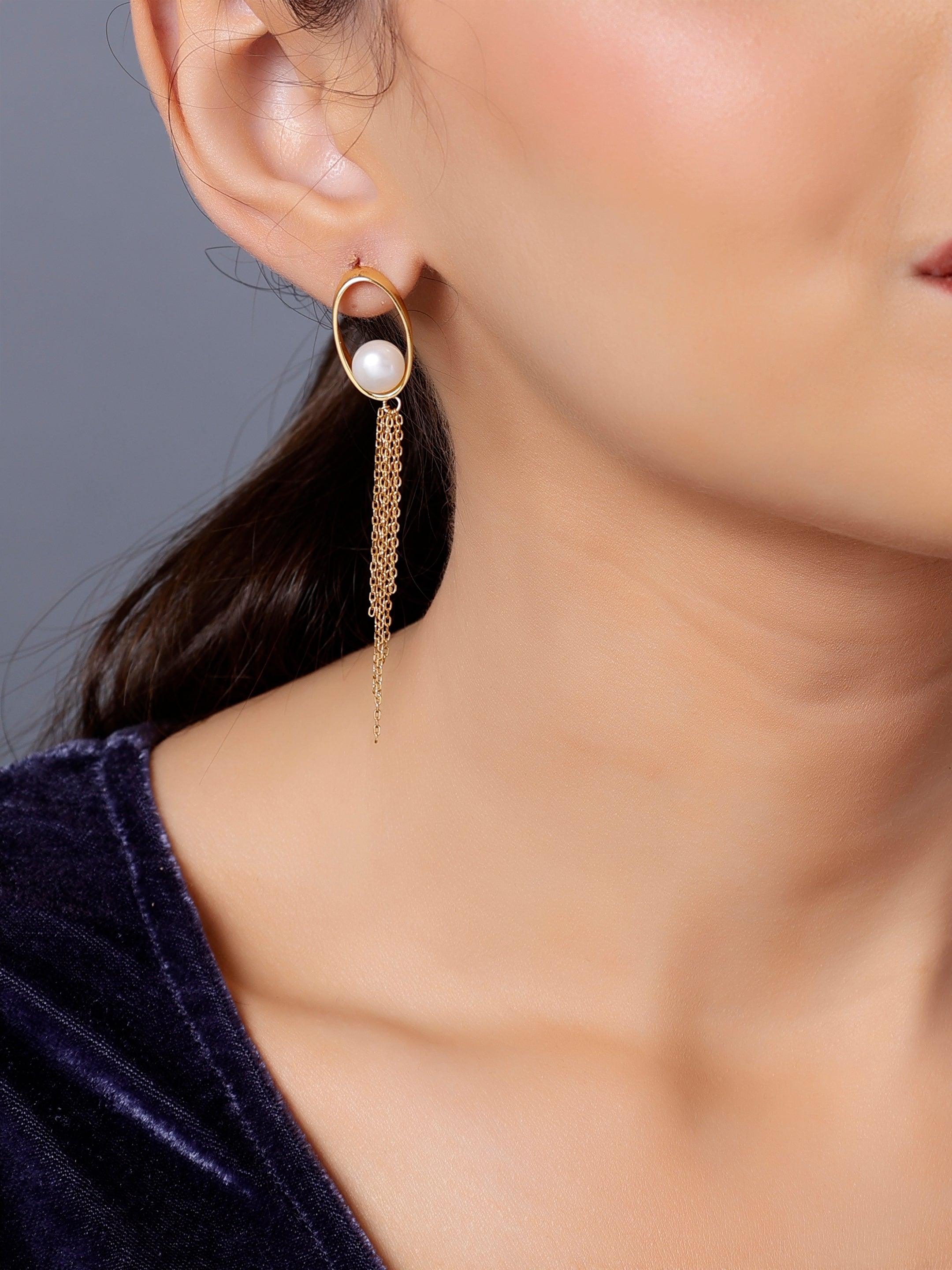 Oval Tassel 925 Silver Earrings with Freshwater Pearl - Diavo Jewels