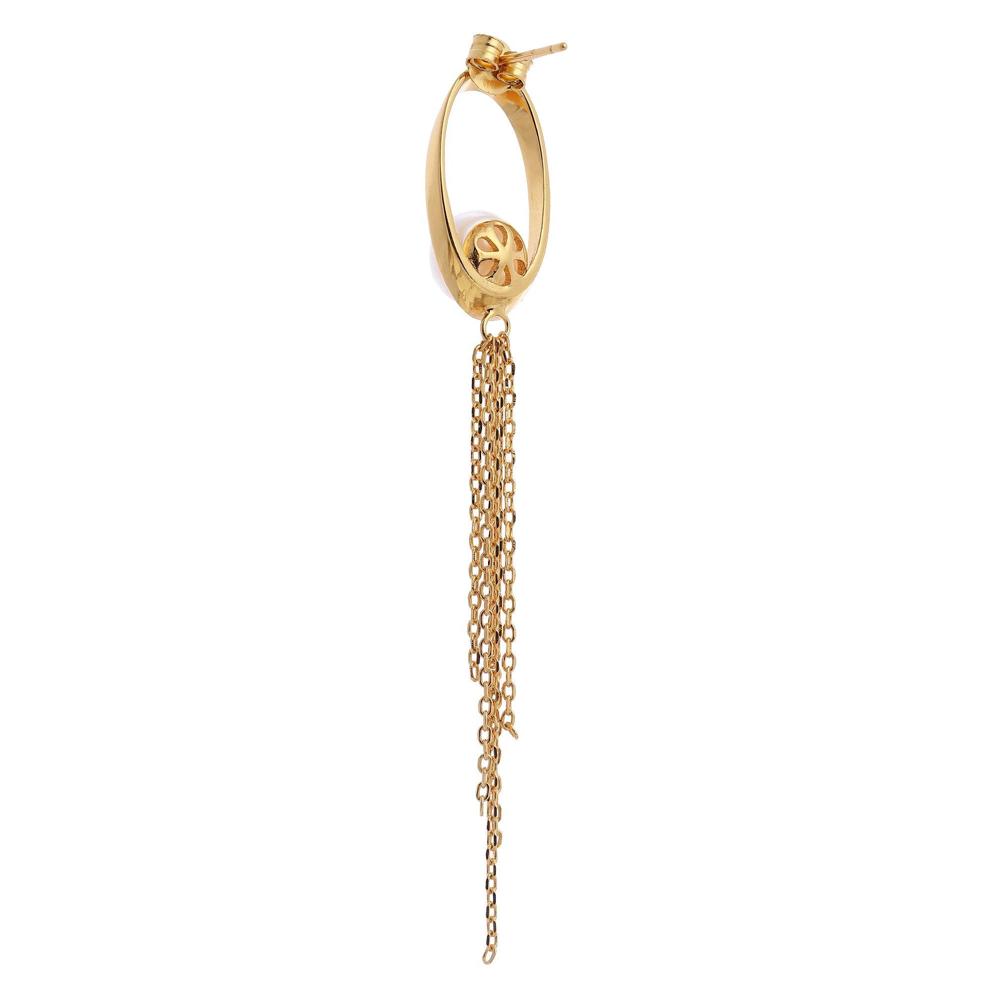 Oval Tassel 925 Silver Earrings with Freshwater Pearl - Diavo Jewels