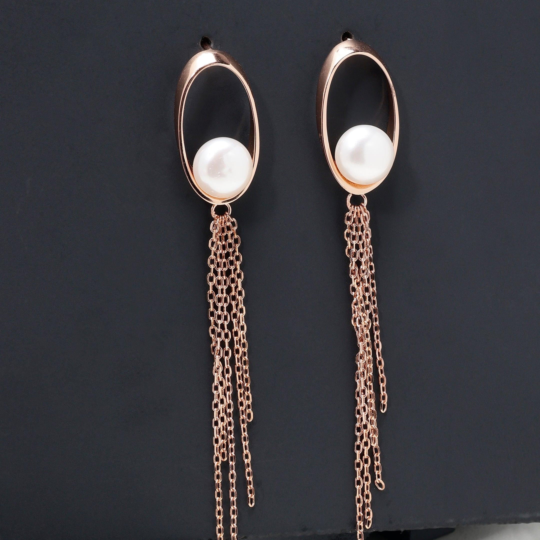 Oval Tassel 925 Silver Earrings with Freshwater Pearl - Diavo Jewels