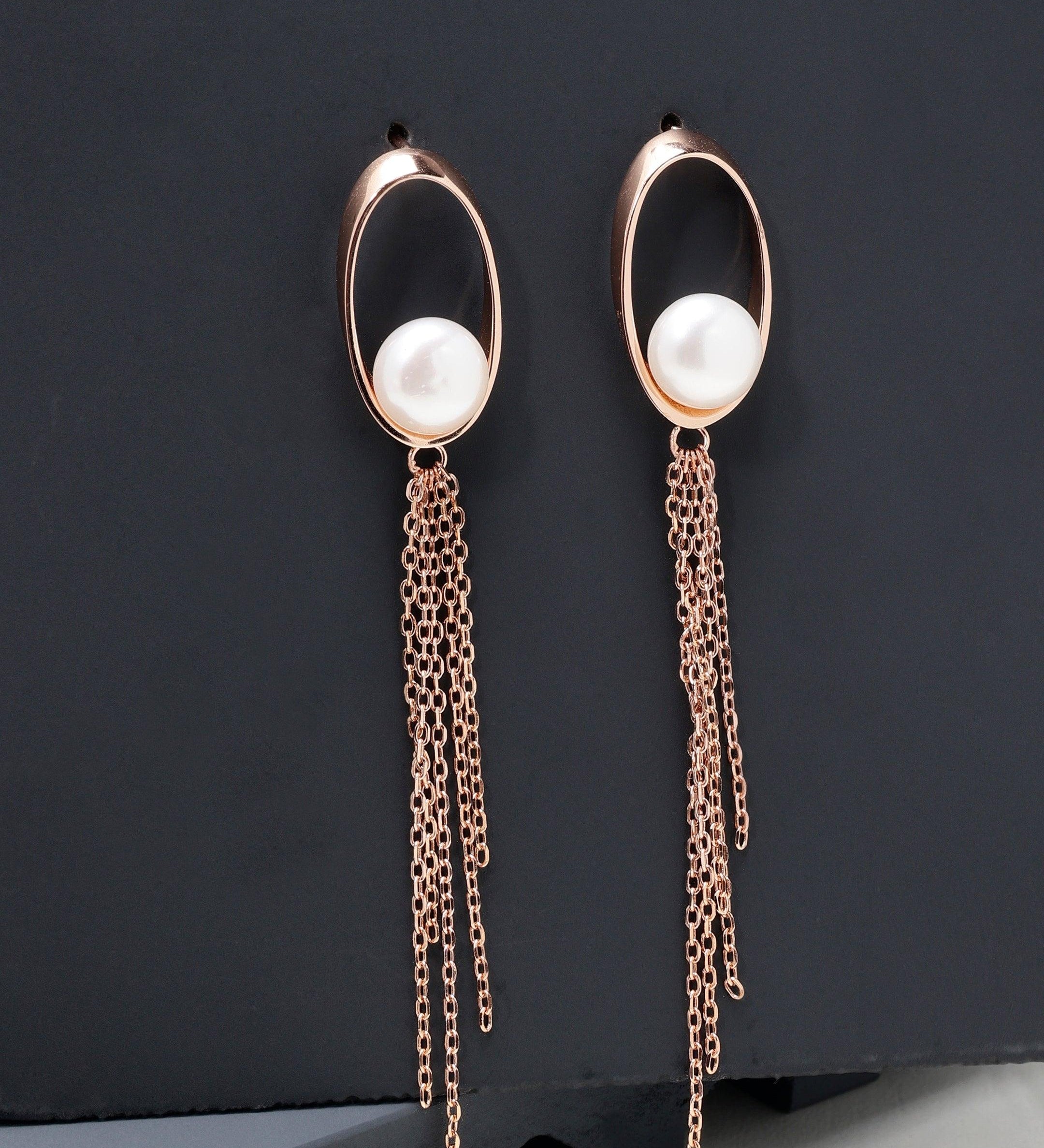 Oval Tassel 925 Silver Earrings with Freshwater Pearl - Diavo Jewels