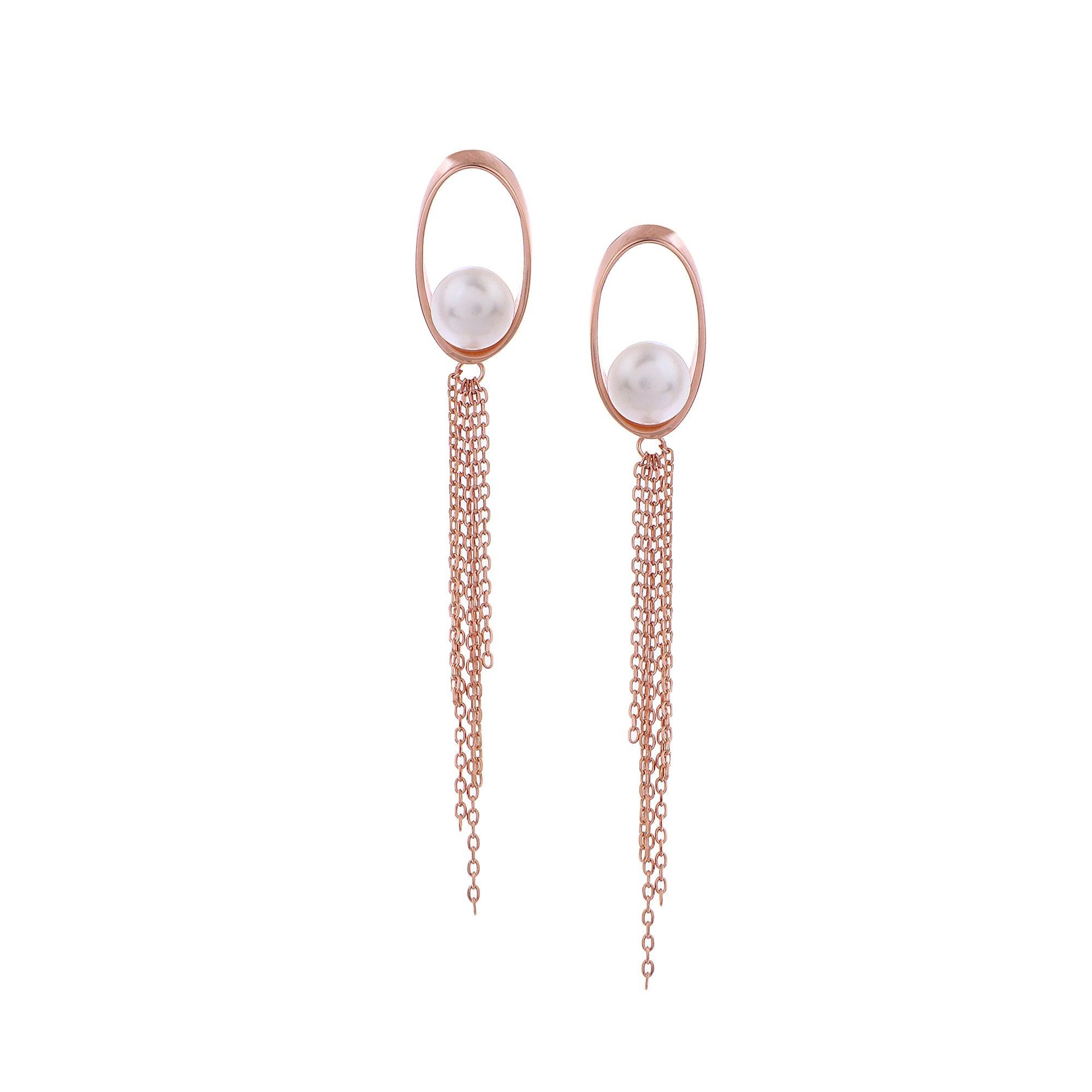 Oval Tassel 925 Silver Earrings with Freshwater Pearl - Diavo Jewels