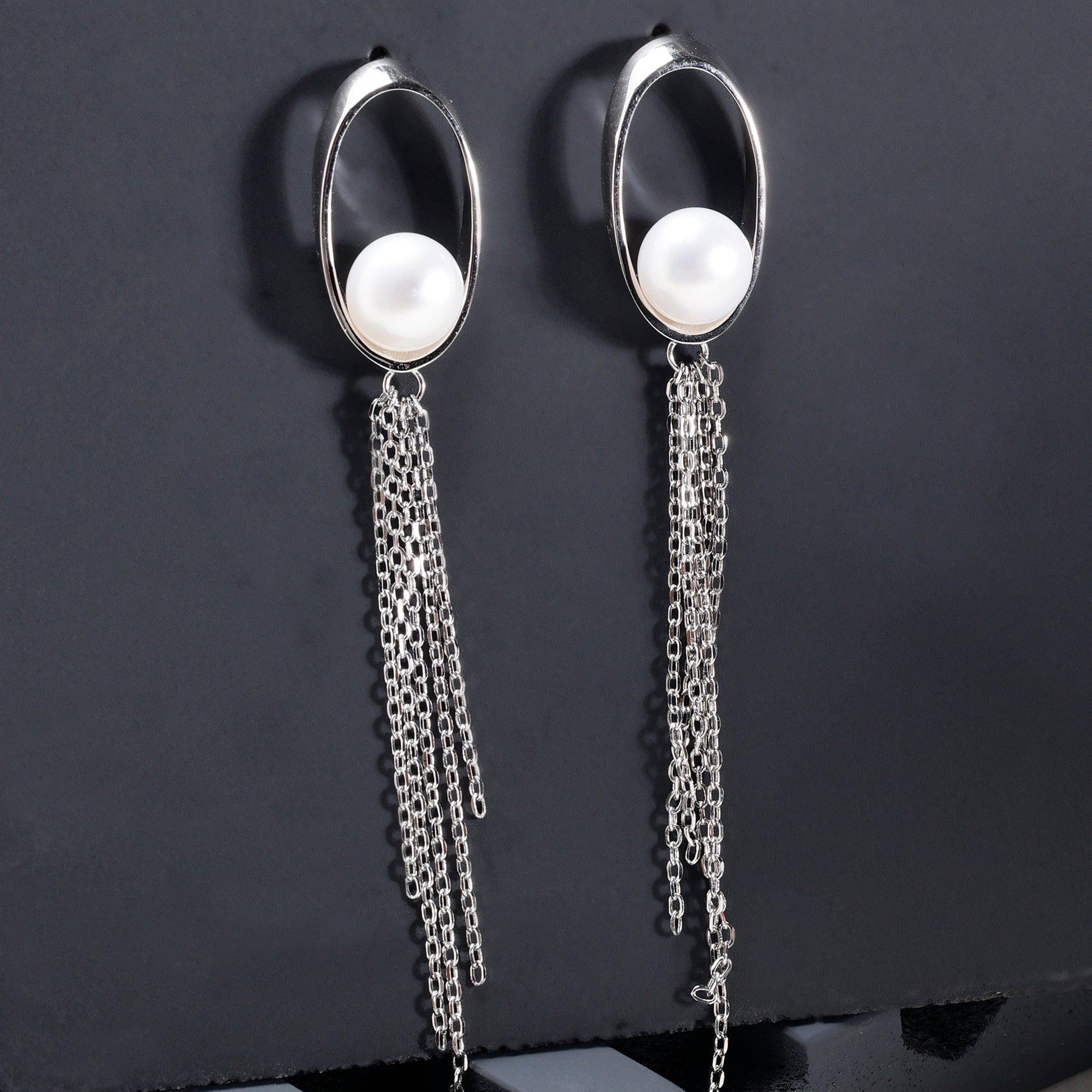 Oval Tassel 925 Silver Earrings with Freshwater Pearl - Diavo Jewels
